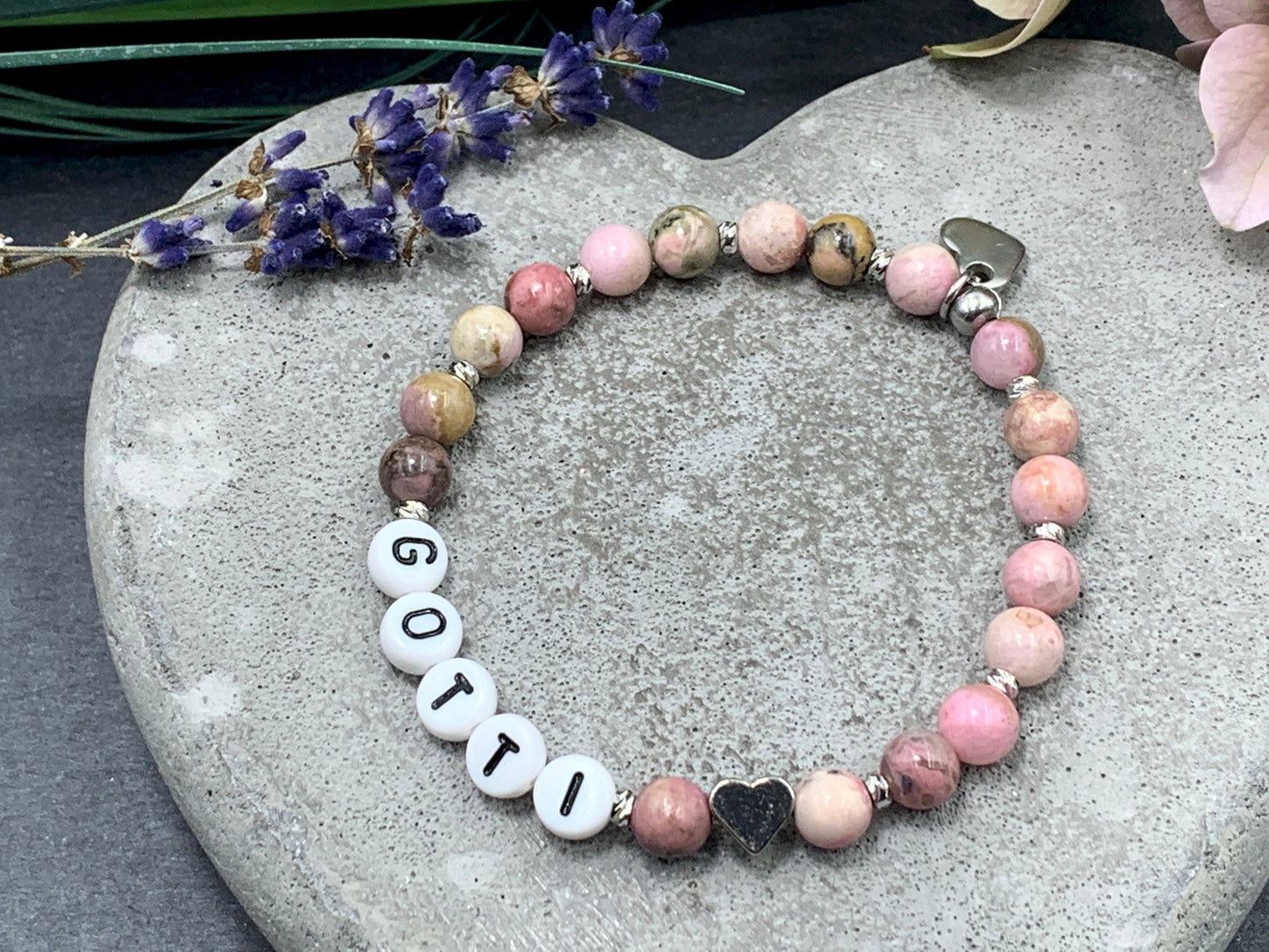 Armband Rhodonit Gotti Herz Platiniert - Geschenk Patenschaft und Taufe Erinnerungsarmband - Willst Du Patentante sein? - viele Edelsteine