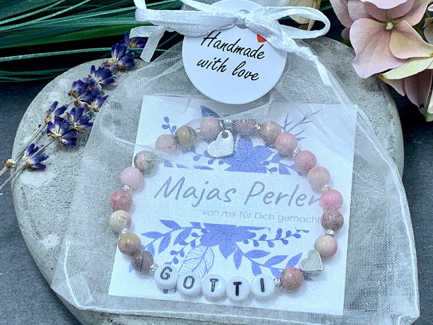 Armband Rhodonit Gotti Herz Platiniert - Geschenk Patenschaft und Taufe Erinnerungsarmband - Willst Du Patentante sein? - viele Edelsteine