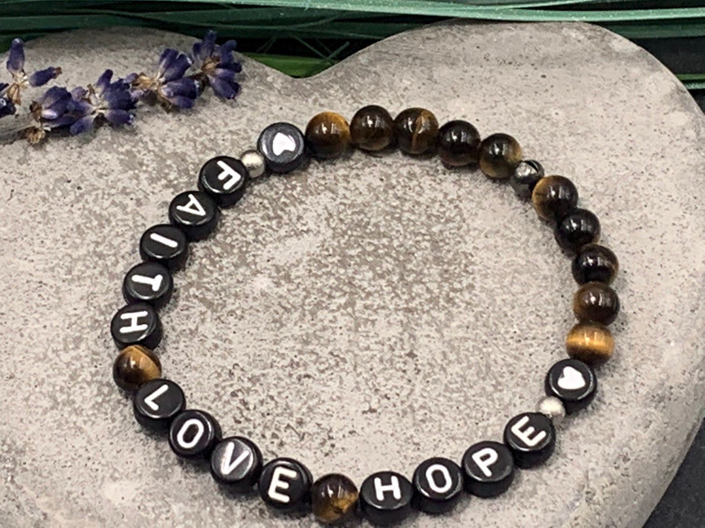 Armband Tigerauge Faith Love Hope - echte Natursteine - Perlenarmband Geschenk Lieblingsmensch Freundschaft Liebe Glück - personalisierbar
