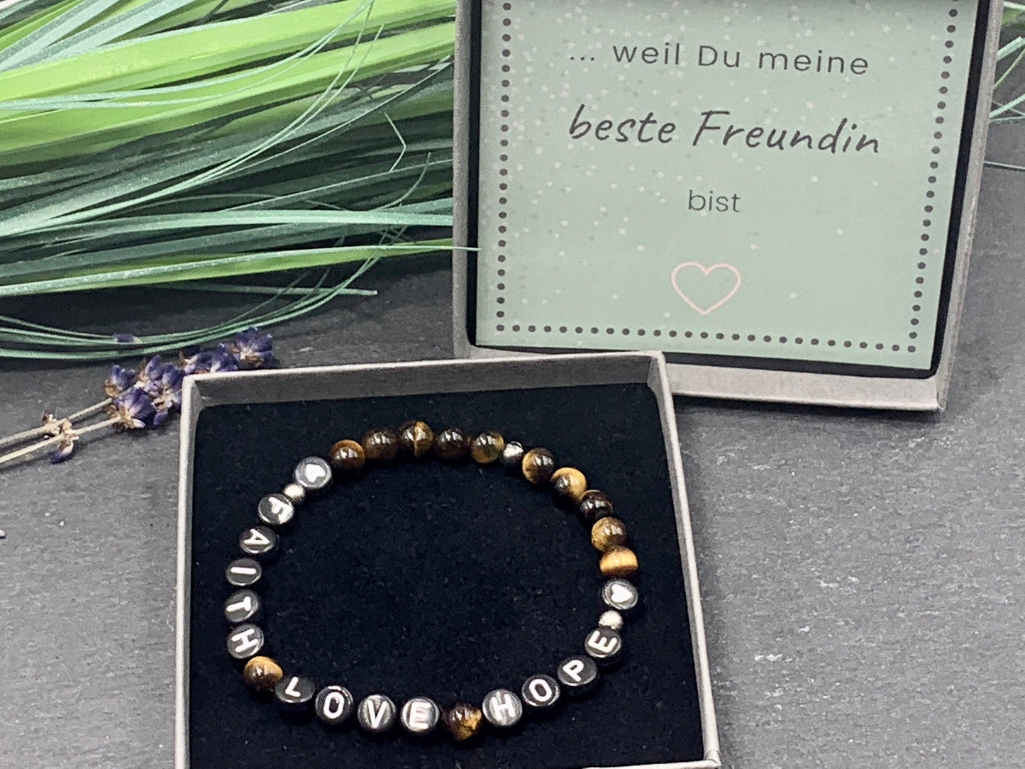 Armband Tigerauge Faith Love Hope - echte Natursteine - Perlenarmband Geschenk Lieblingsmensch Freundschaft Liebe Glück - personalisierbar