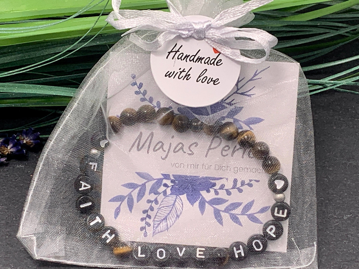 Armband Tigerauge Faith Love Hope - echte Natursteine - Perlenarmband Geschenk Lieblingsmensch Freundschaft Liebe Glück - personalisierbar