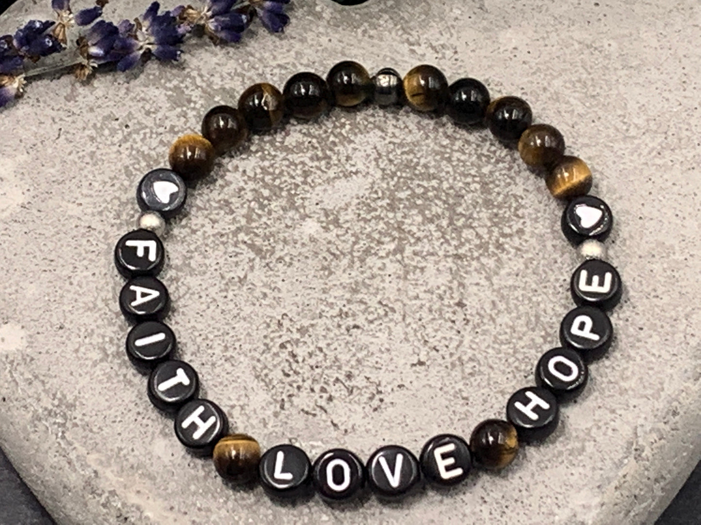 Armband Tigerauge Faith Love Hope - echte Natursteine - Perlenarmband Geschenk Lieblingsmensch Freundschaft Liebe Glück - personalisierbar