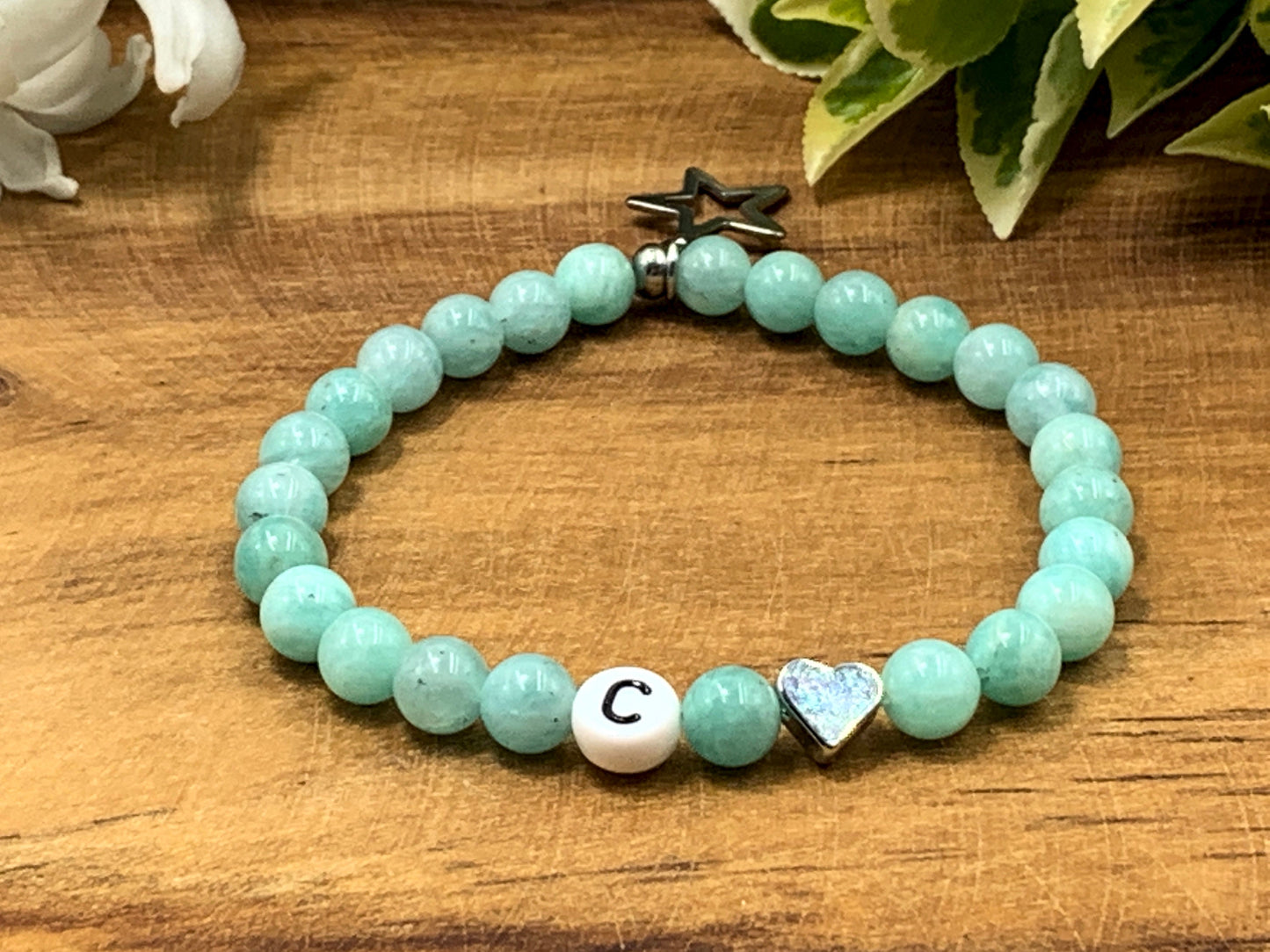 Armband Initialen Amazonit echte Edelsteine Herz platiniert - Namensarmband Geschenk Liebe Mama Lieblingsmensch Geburt - personalisierbar