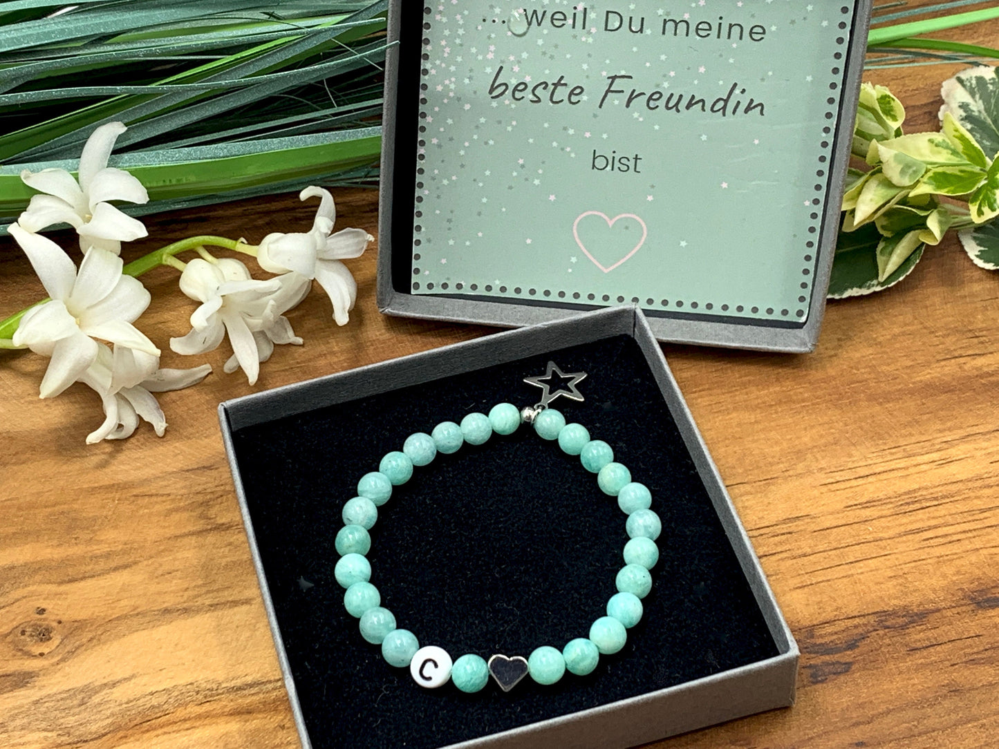 Armband Initialen Amazonit echte Edelsteine Herz platiniert - Namensarmband Geschenk Liebe Mama Lieblingsmensch Geburt - personalisierbar