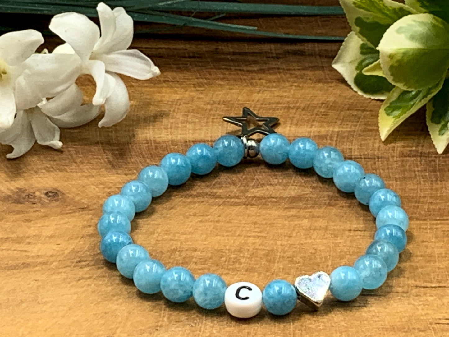 Armband Initialen Aquamarin echte Naturperlen Herz platiniert - Namensarmband Geschenk Freundin Mama Lieblingsmensch - personalisierbar