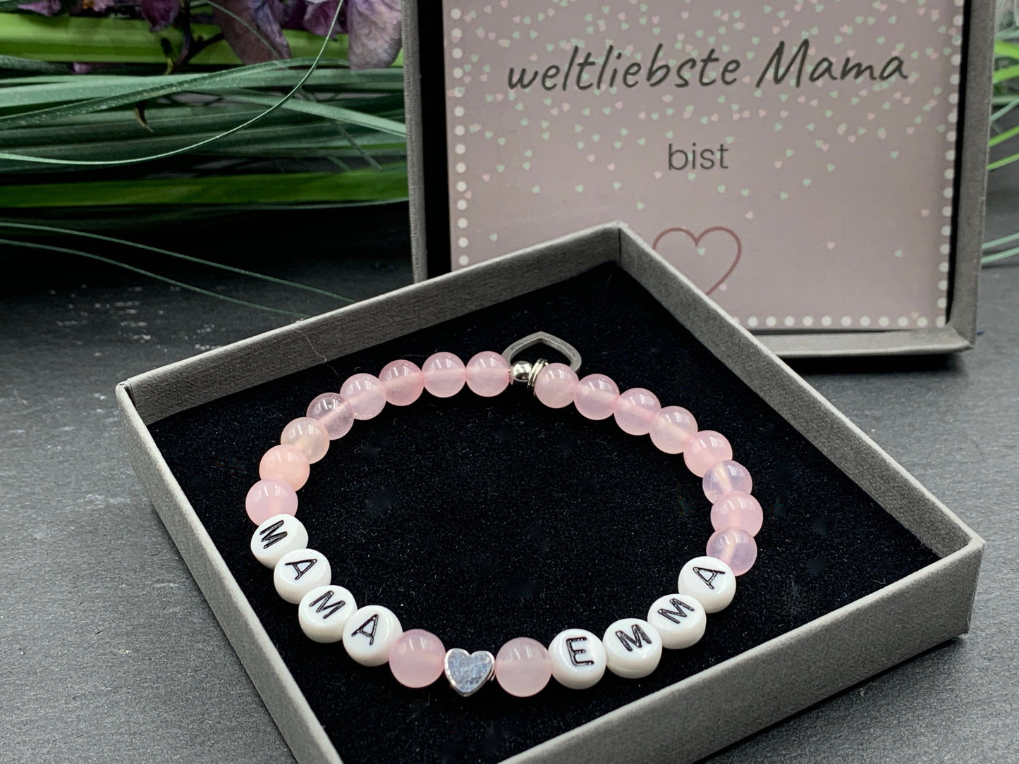 Armband Rosenquarz Mama und Kindername Herz echt platiniert - Geschenk Schwangerschaft Baby Geburt Mädchenarmband - personalisierbar