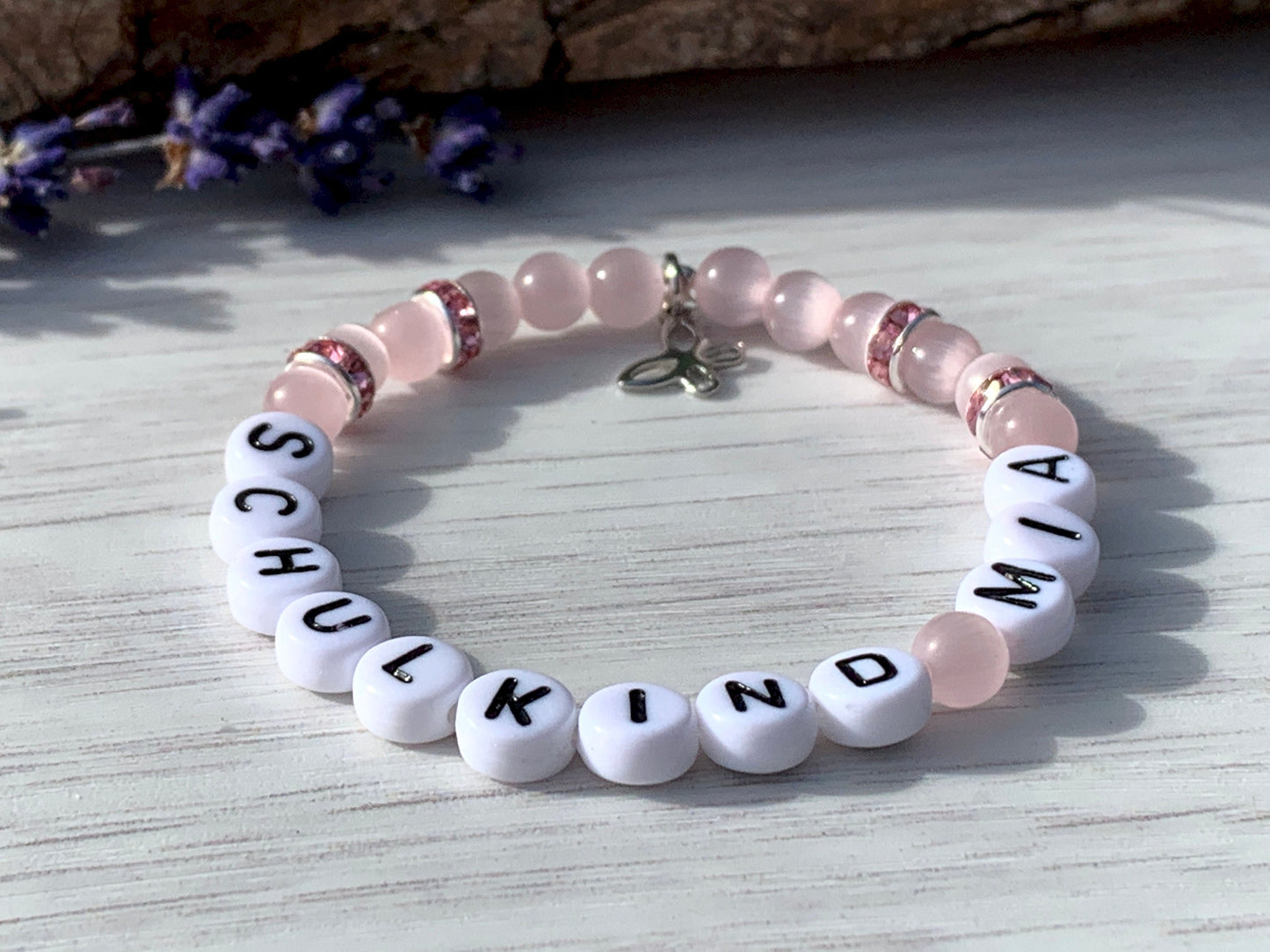 Armband Schulkind Mädchen Cateyeperlen Strassrondelle Rosa - Geschenk erster Schultag Glücksbringer Armband Mädchen - Farbe wählbar
