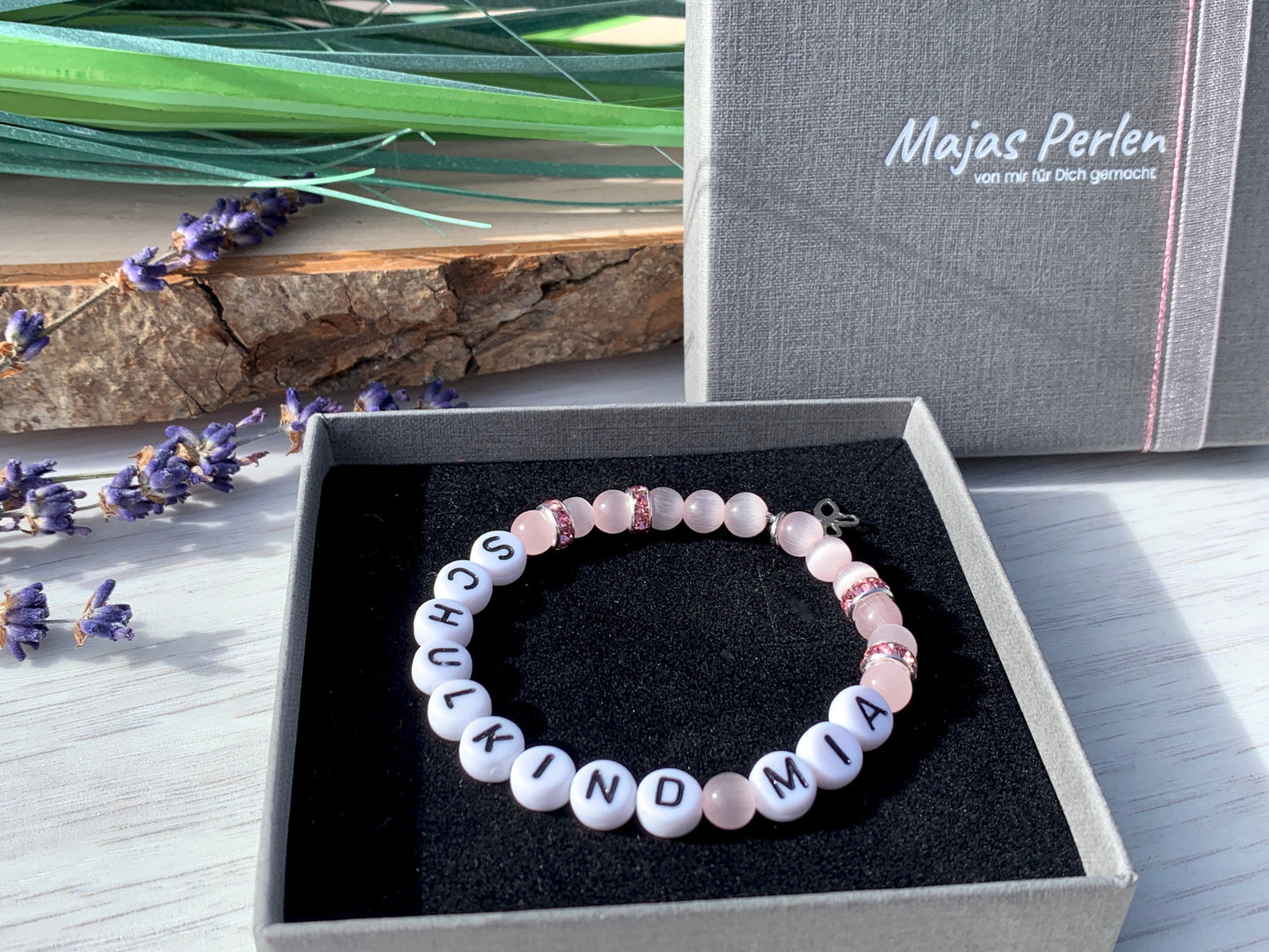 Armband Schulkind Mädchen Cateyeperlen Strassrondelle Rosa - Geschenk erster Schultag Glücksbringer Armband Mädchen - Farbe wählbar
