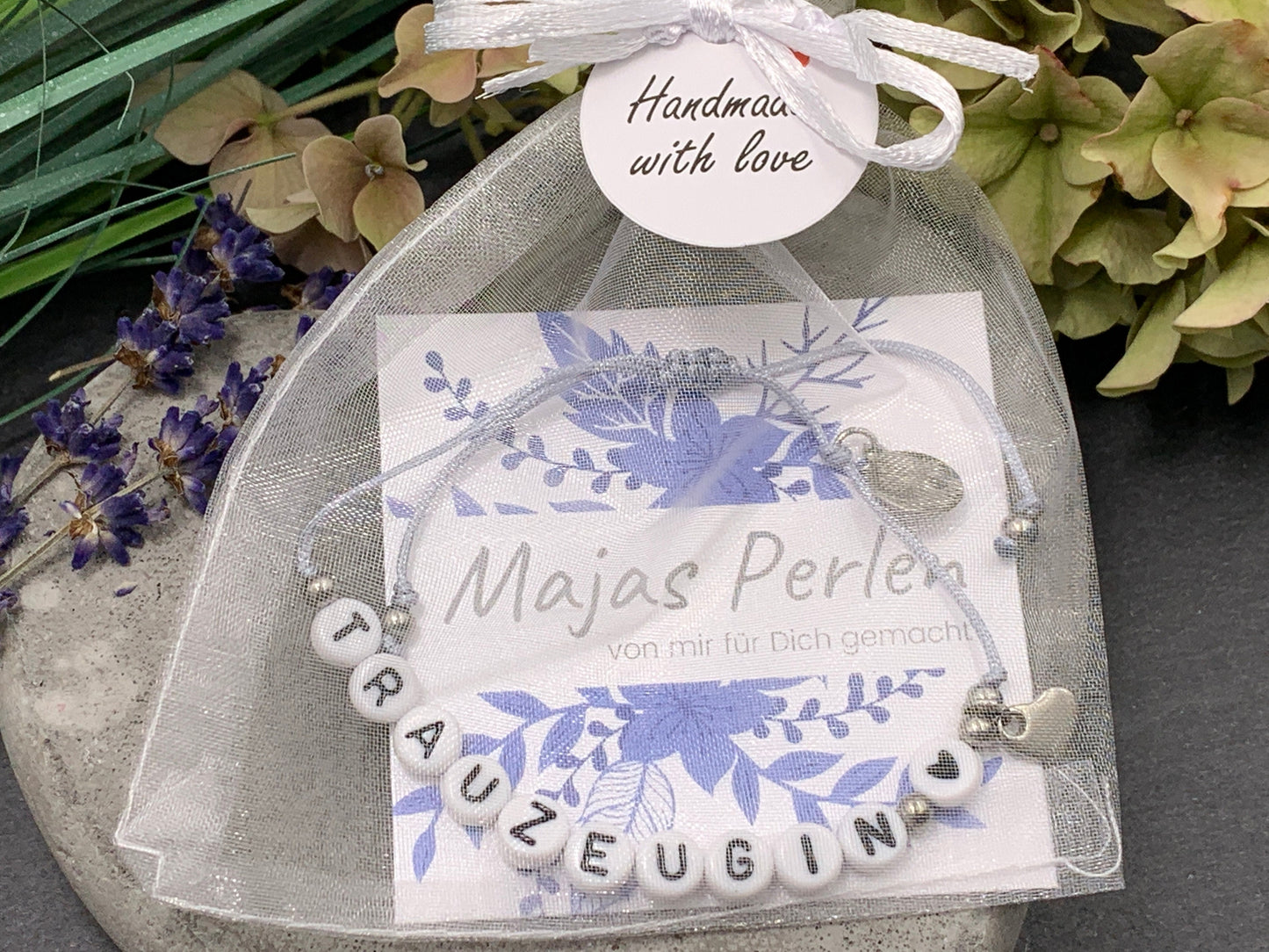 Armband Makramee Trauzeugin Silbergrau Perlen Edelstahl - Größe einstellbar - Geschenk JGA Andenken Hochzeit Brautjungfer - viele Farben