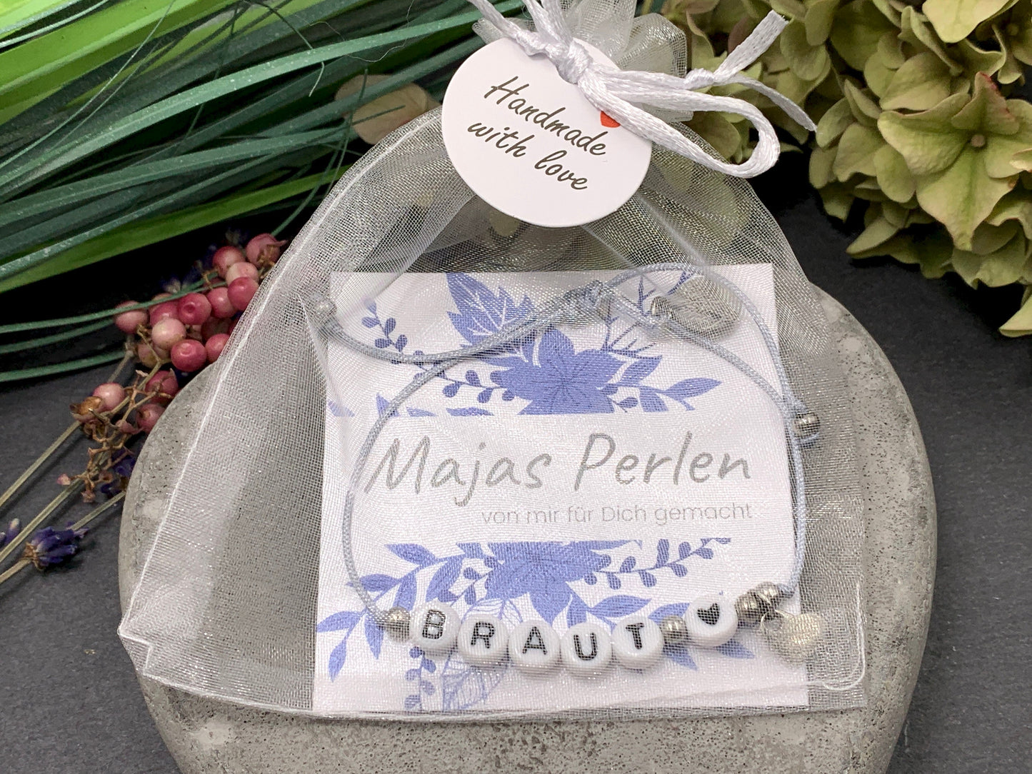 Armband Makramee Braut Silbergrau Perlen Edelstahl - Größe einstellbar - Geschenk JGA Team Braut Andenken Hochzeit Trauzeugin - viele Farben