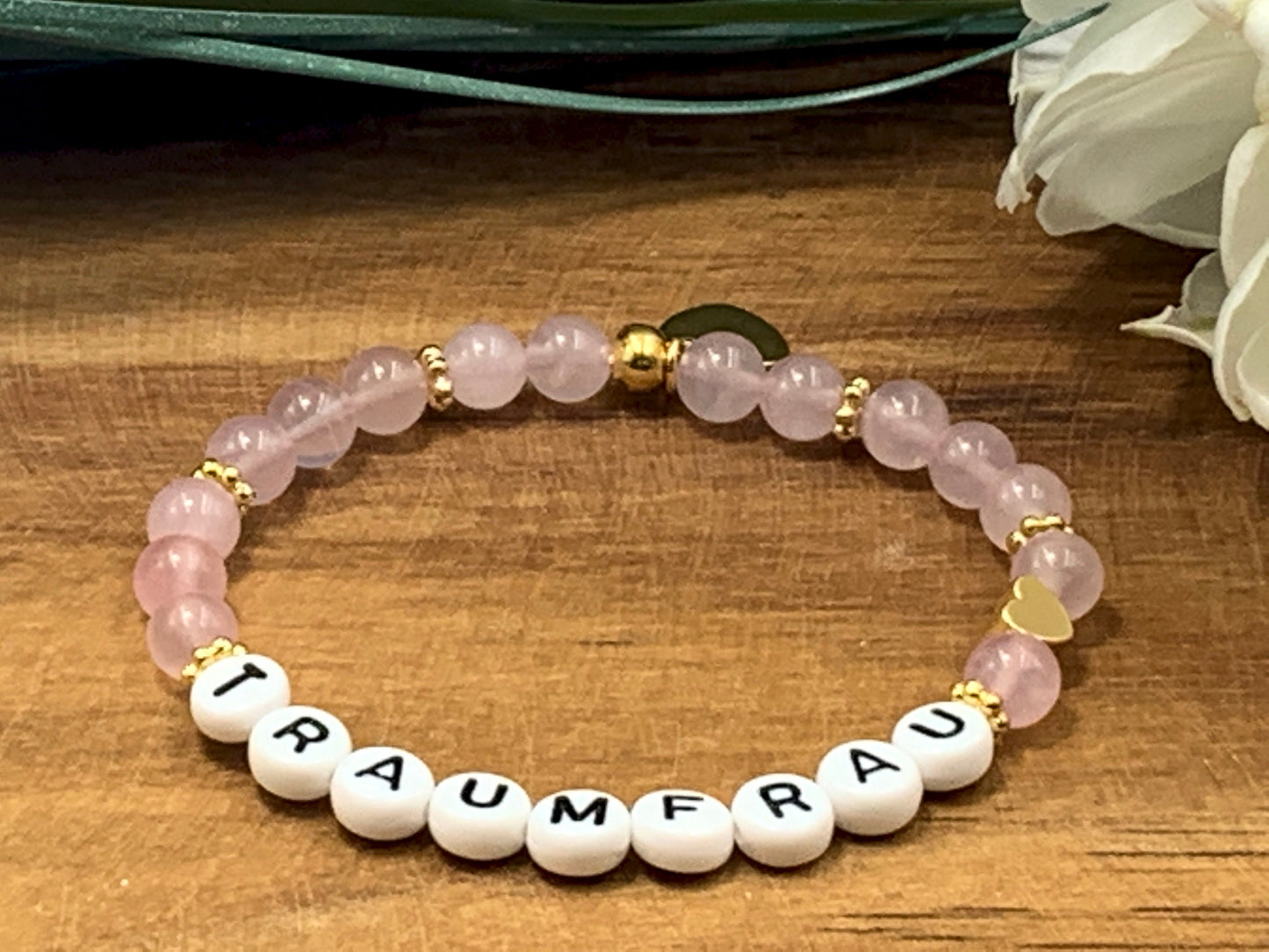 Perlenarmband Traumfrau Rosenquarz echt - Herz Vergoldet - Geschenk Liebe Glück Freundschaft Geburtstag Lieblingsmensch - Wunschedelstein