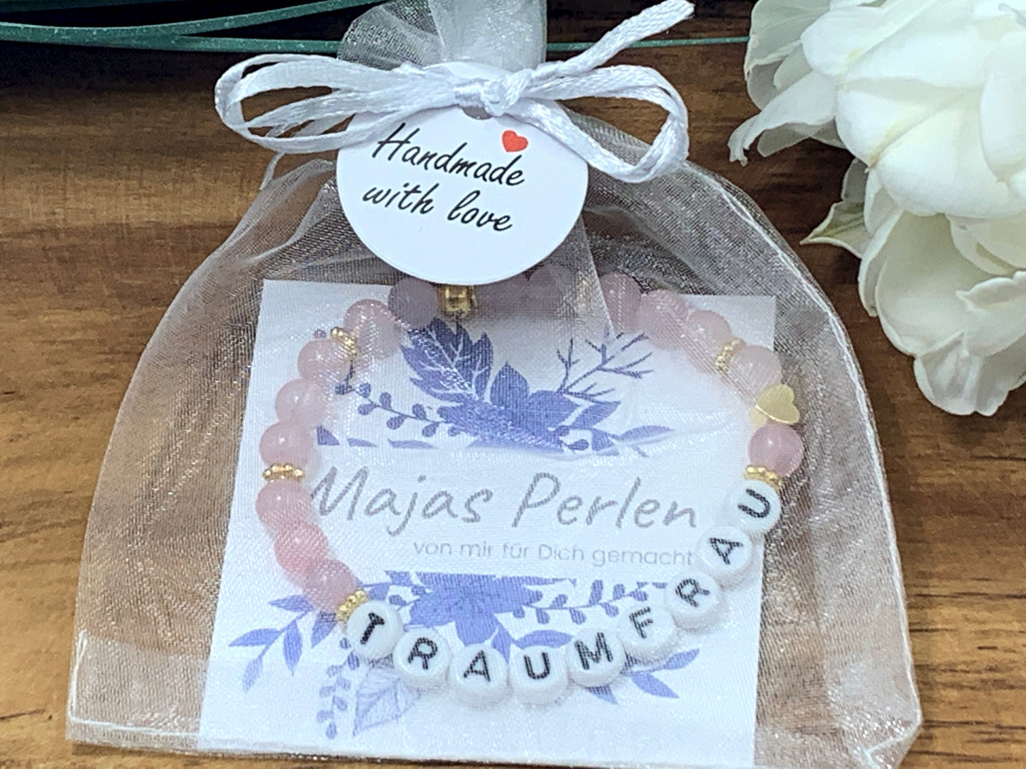 Perlenarmband Traumfrau Rosenquarz echt - Herz Vergoldet - Geschenk Liebe Glück Freundschaft Geburtstag Lieblingsmensch - Wunschedelstein