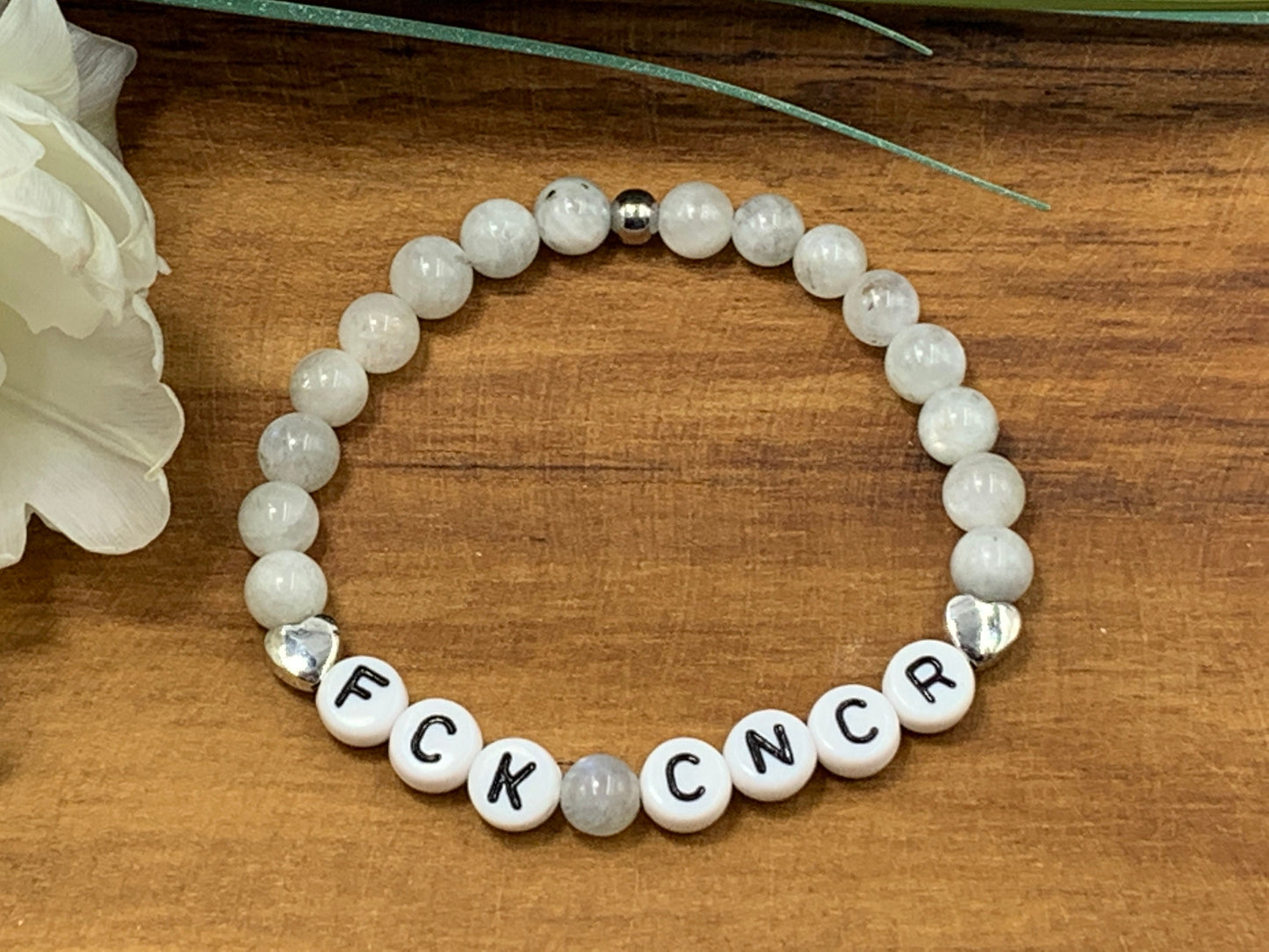 Armband Fuck Cancer Mondstein Herz Platiniert - Geschenk Aufmunterung Diagnose Krebs Schutzstein Genesungswunsch - viele Edelsteine