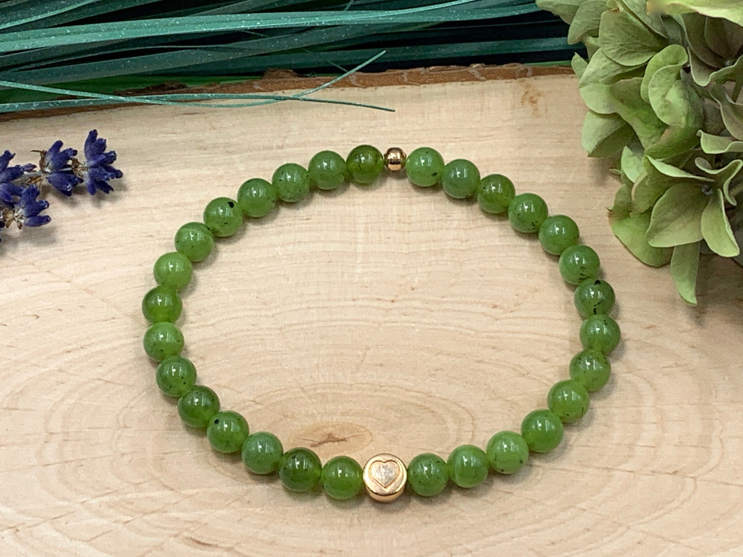 Armband Nephrit Kanada Jade echter Naturstein Herz DQ - Silber Gold Roségold Gunmetal - spirituelles Armband - Geschenk Liebe Glück Freundin