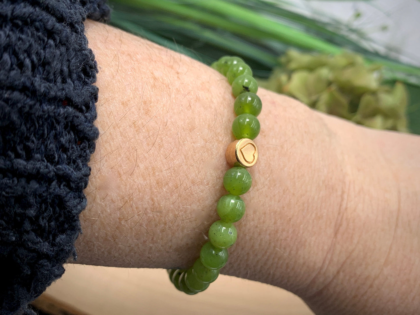 Armband Nephrit Kanada Jade echter Naturstein Herz DQ - Silber Gold Roségold Gunmetal - spirituelles Armband - Geschenk Liebe Glück Freundin