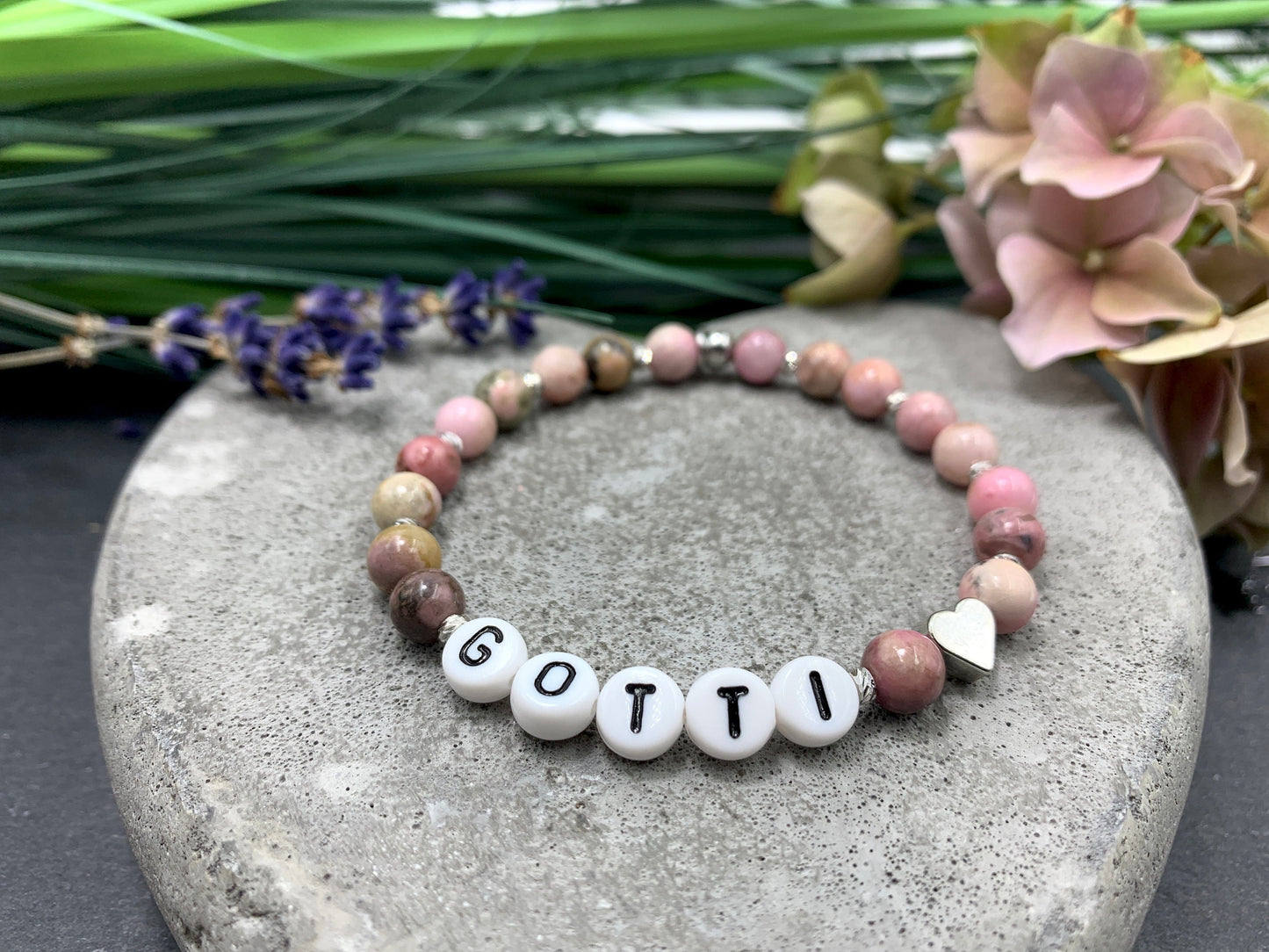 Armband Rhodonit Gotti Herz Platiniert - Geschenk Patenschaft und Taufe Erinnerungsarmband - Willst Du Patentante sein? - viele Edelsteine