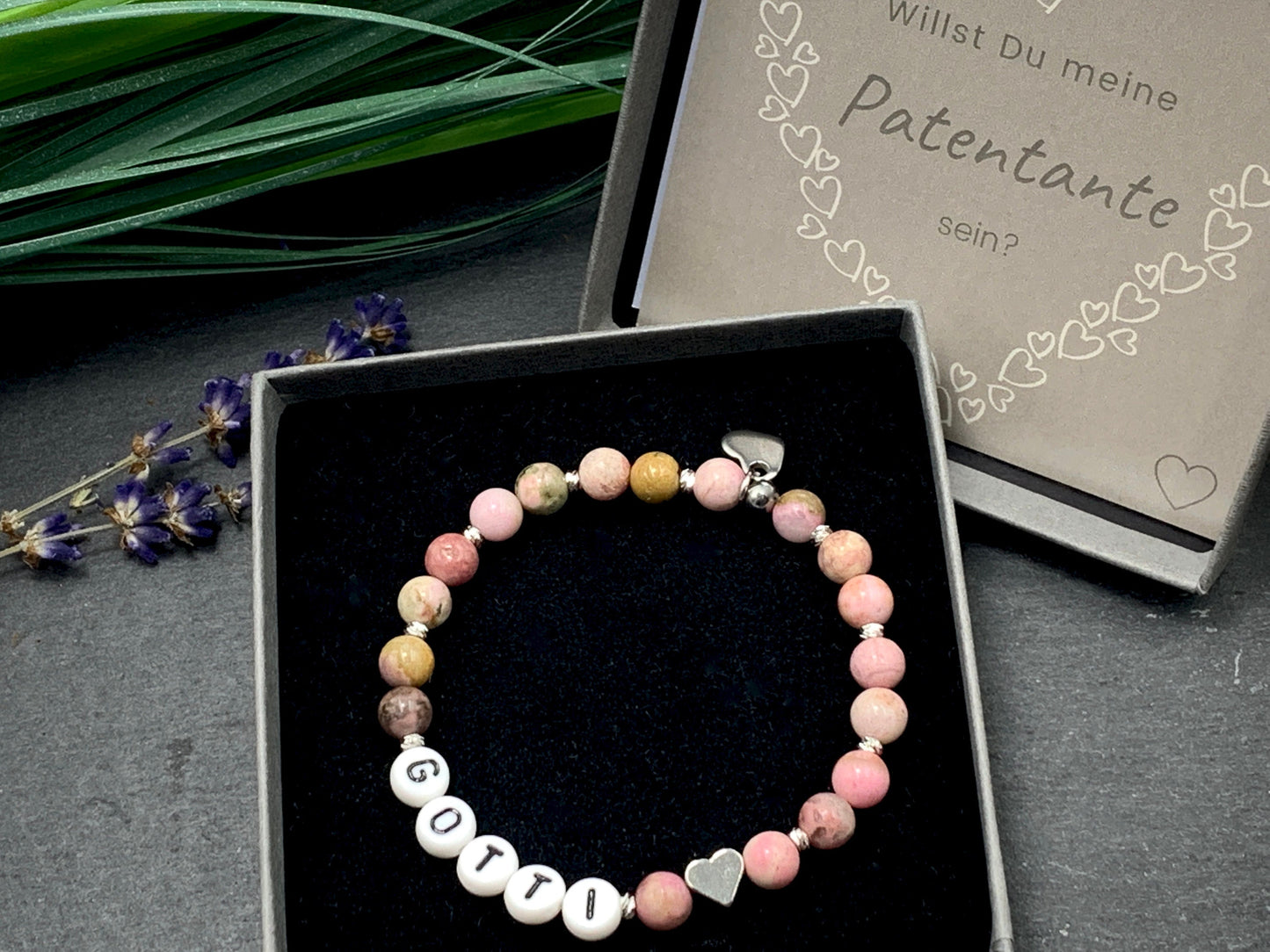 Armband Rhodonit Gotti Herz Platiniert - Geschenk Patenschaft und Taufe Erinnerungsarmband - Willst Du Patentante sein? - viele Edelsteine