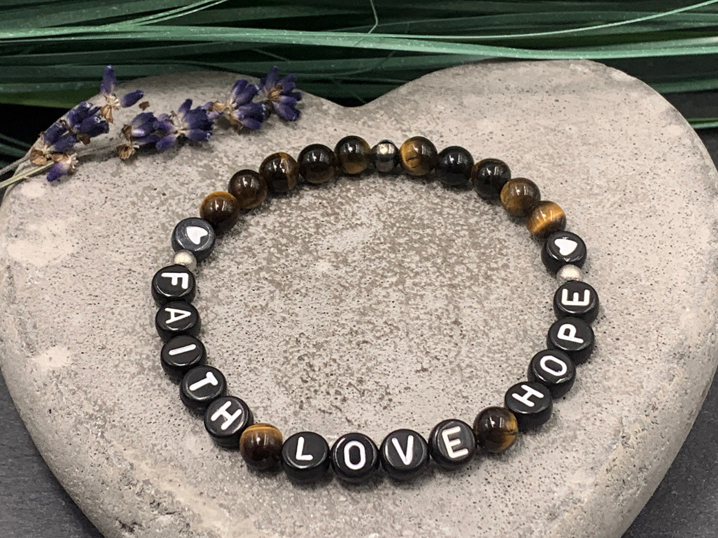 Armband Tigerauge Faith Love Hope - echte Natursteine - Perlenarmband Geschenk Lieblingsmensch Freundschaft Liebe Glück - personalisierbar