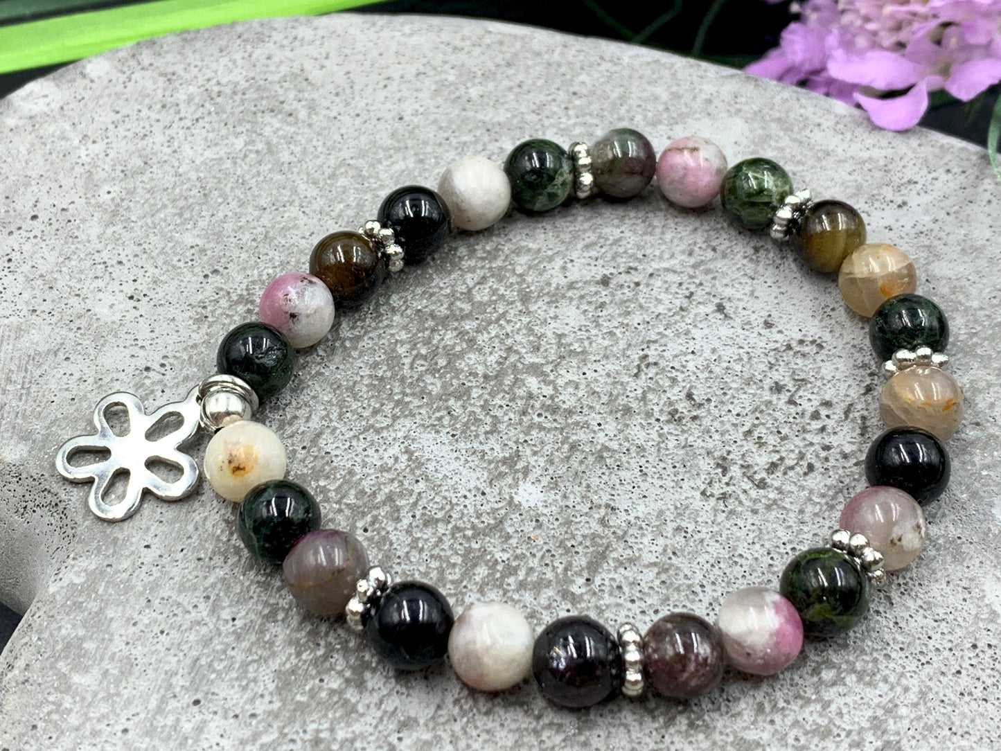 Perlenarmband Wassermelonen Turmalin echt Daisyperlen platiniert - spirituelles Armband - Geschenk Schutzstein Kraft Stärke Glück Liebe