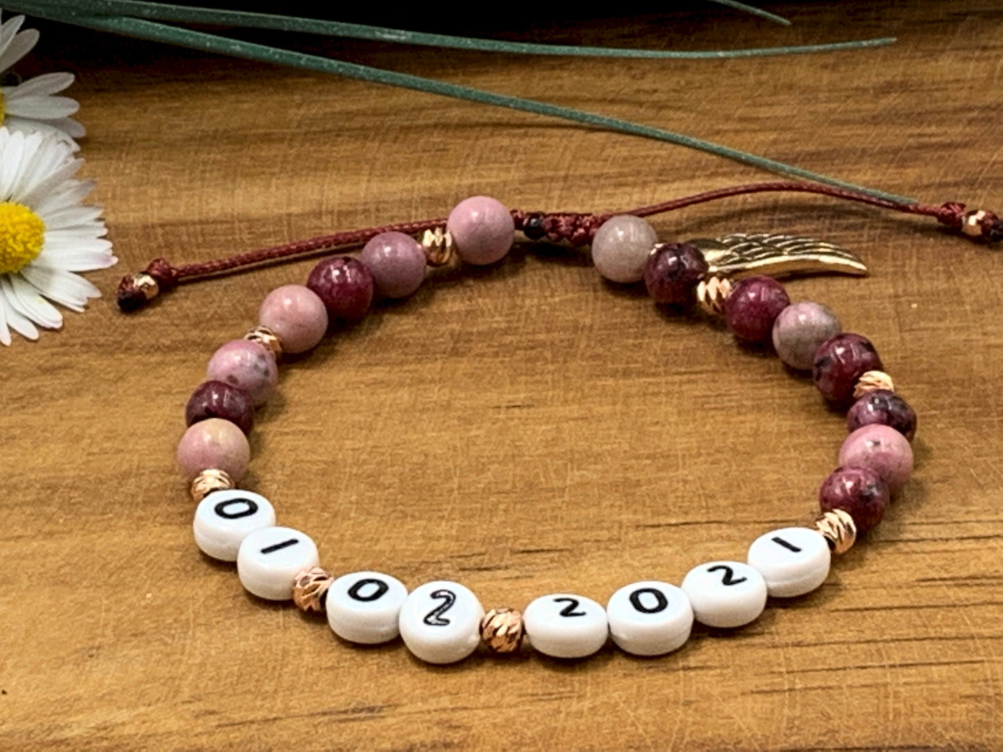 Perlenarmband Rhodonit Achat Makramee Perlen Roségold Vergoldet - Wunschdatum Andenken an wichtiges Datum Geschenk Geburt Hochzeit Liebe