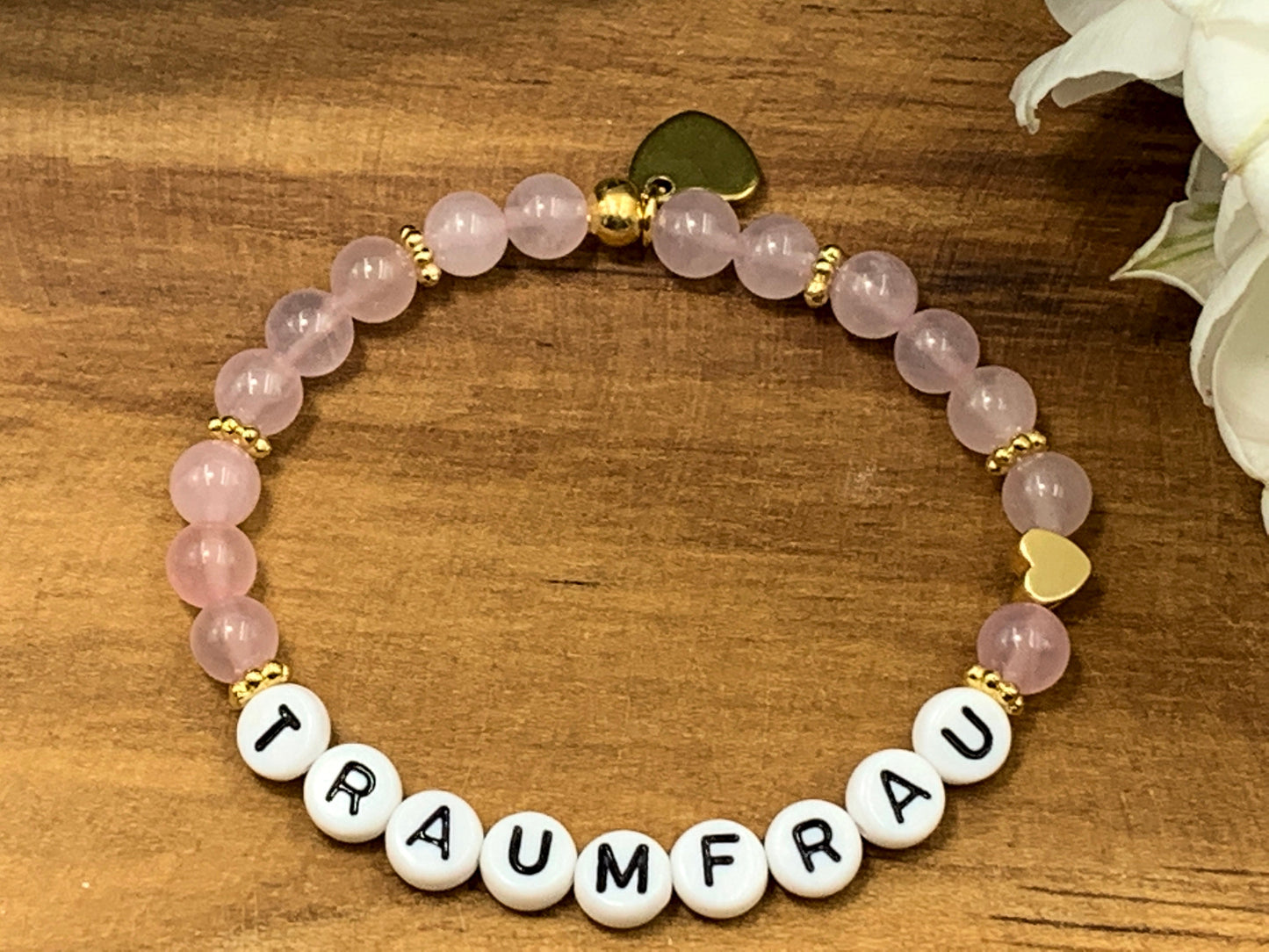Perlenarmband Traumfrau Rosenquarz echt - Herz Vergoldet - Geschenk Liebe Glück Freundschaft Geburtstag Lieblingsmensch - Wunschedelstein