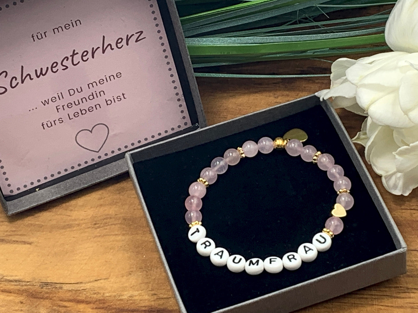 Perlenarmband Traumfrau Rosenquarz echt - Herz Vergoldet - Geschenk Liebe Glück Freundschaft Geburtstag Lieblingsmensch - Wunschedelstein