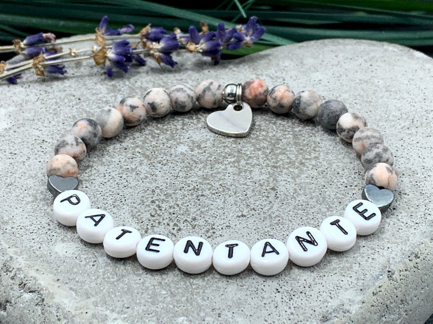Armband Patentante Zebra Jaspis Herz - Geschenk Patenschaft Andenken Taufe Taufgeschenk - viele Edelsteine - personalisierbar