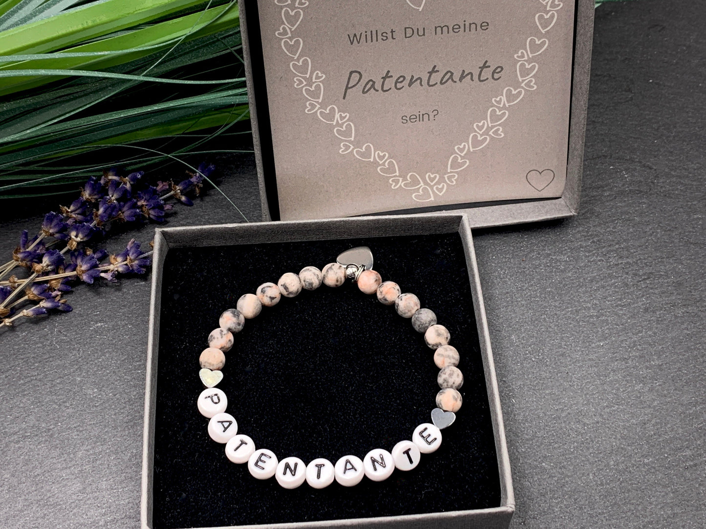 Armband Patentante Zebra Jaspis Herz - Geschenk Patenschaft Andenken Taufe Taufgeschenk - viele Edelsteine - personalisierbar