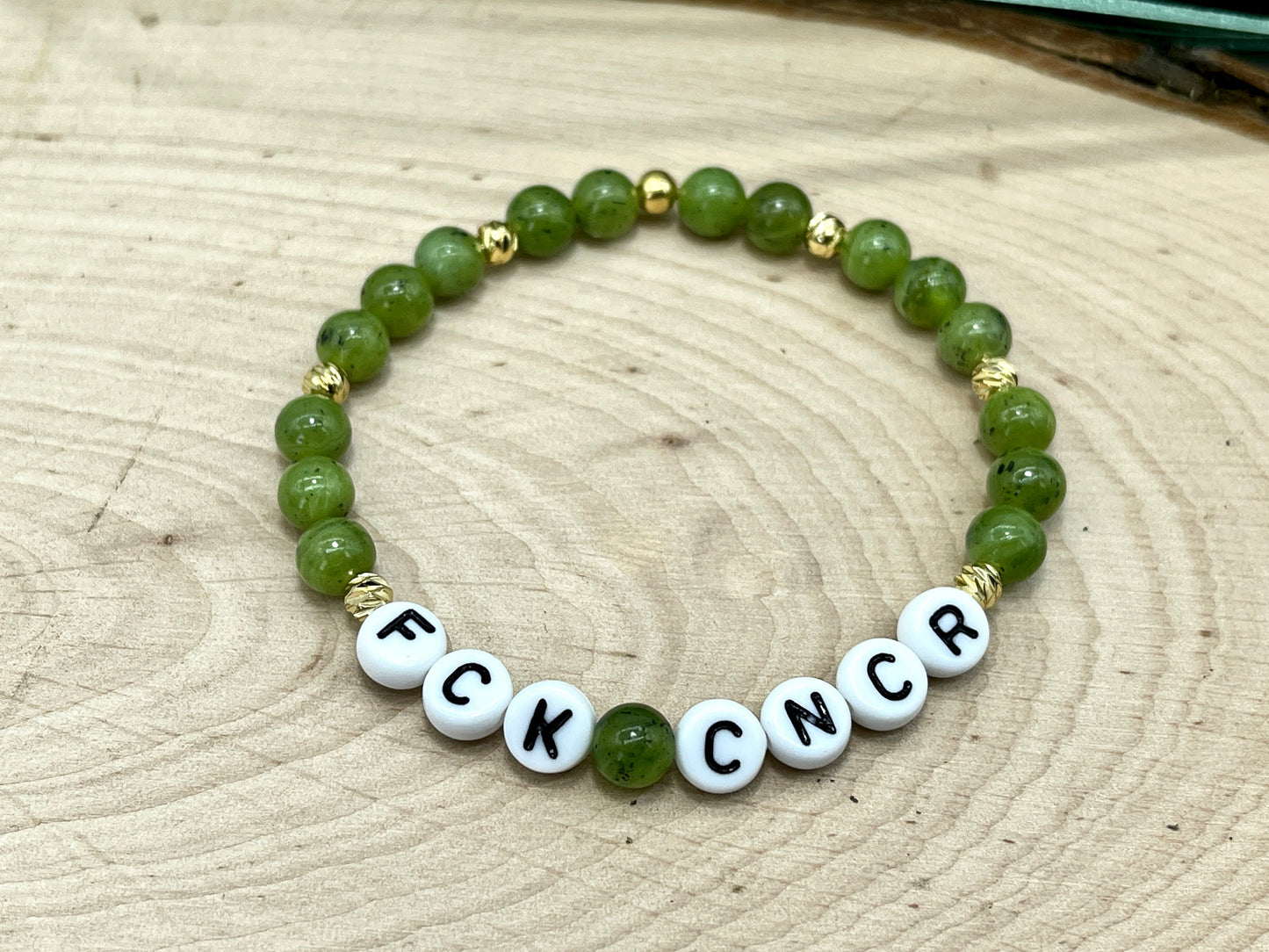 Armband Fuck Cancer Jade Perlen Gelbgold plated - Geschenk Diagnose Krebs Glücksbringer Perlenarmband Mutmach - viele Edelsteine