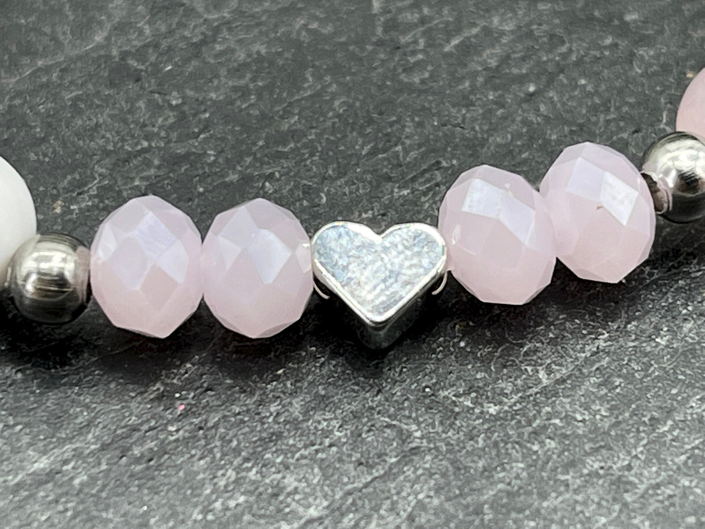 Armband Initialen Rosenquarz echte Naturperlen - Herz echt Platiniert - Namensarmband Geschenk Liebe Mama Lieblingsmensch - personalisierbar