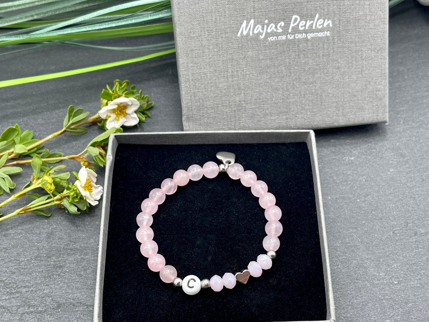 Armband Initialen Rosenquarz echte Naturperlen - Herz echt Platiniert - Namensarmband Geschenk Liebe Mama Lieblingsmensch - personalisierbar