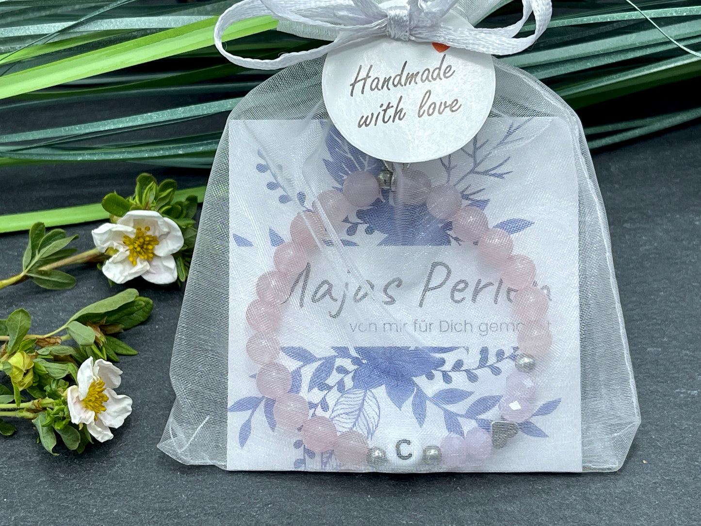 Armband Initialen Rosenquarz echte Naturperlen - Herz echt Platiniert - Namensarmband Geschenk Liebe Mama Lieblingsmensch - personalisierbar