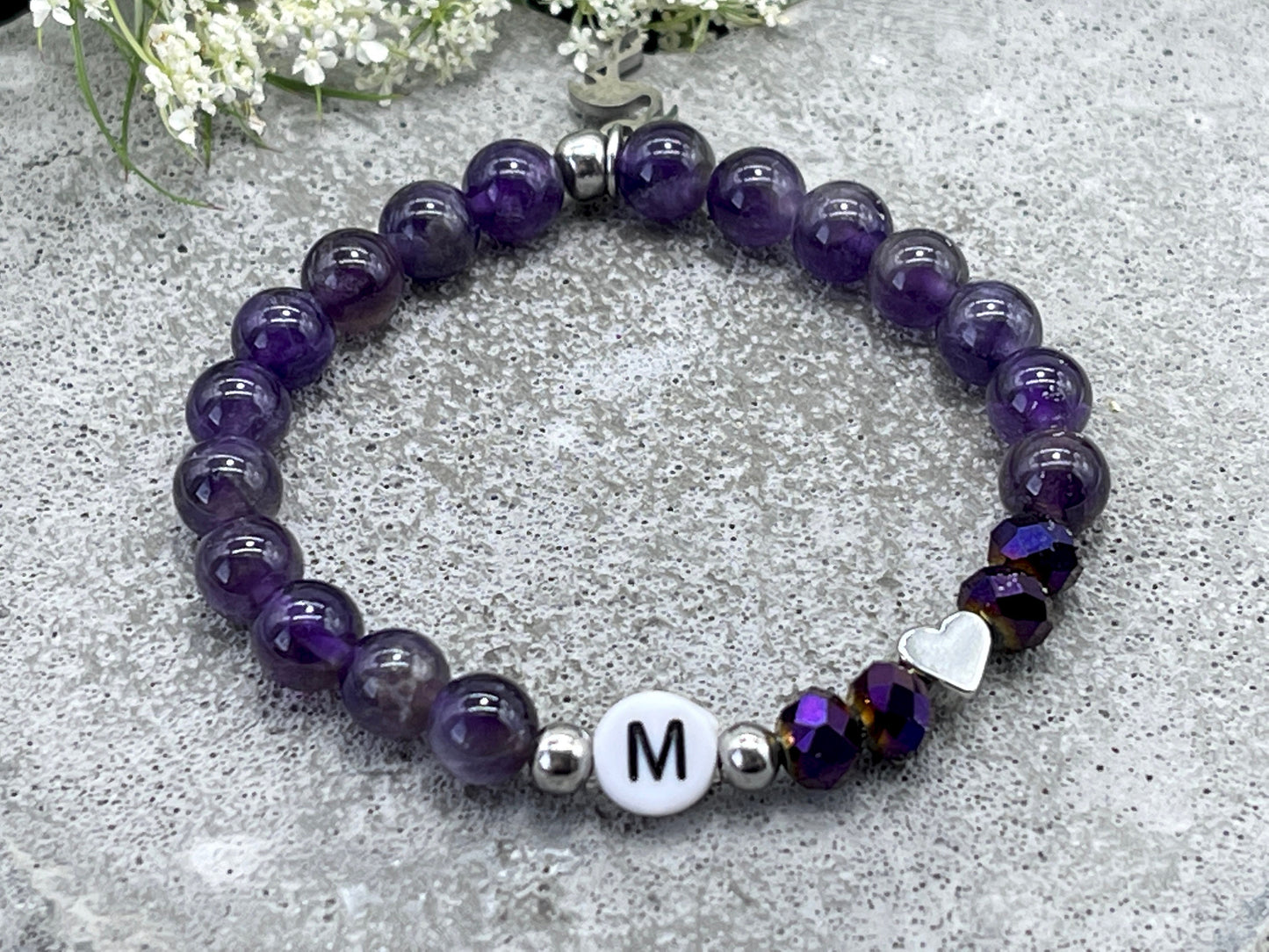Armband Initialen Amethyst echte Naturperlen Herz platiniert - Namensarmband Geschenk Liebe Mama Lieblingsmensch Geburt - personalisierbar