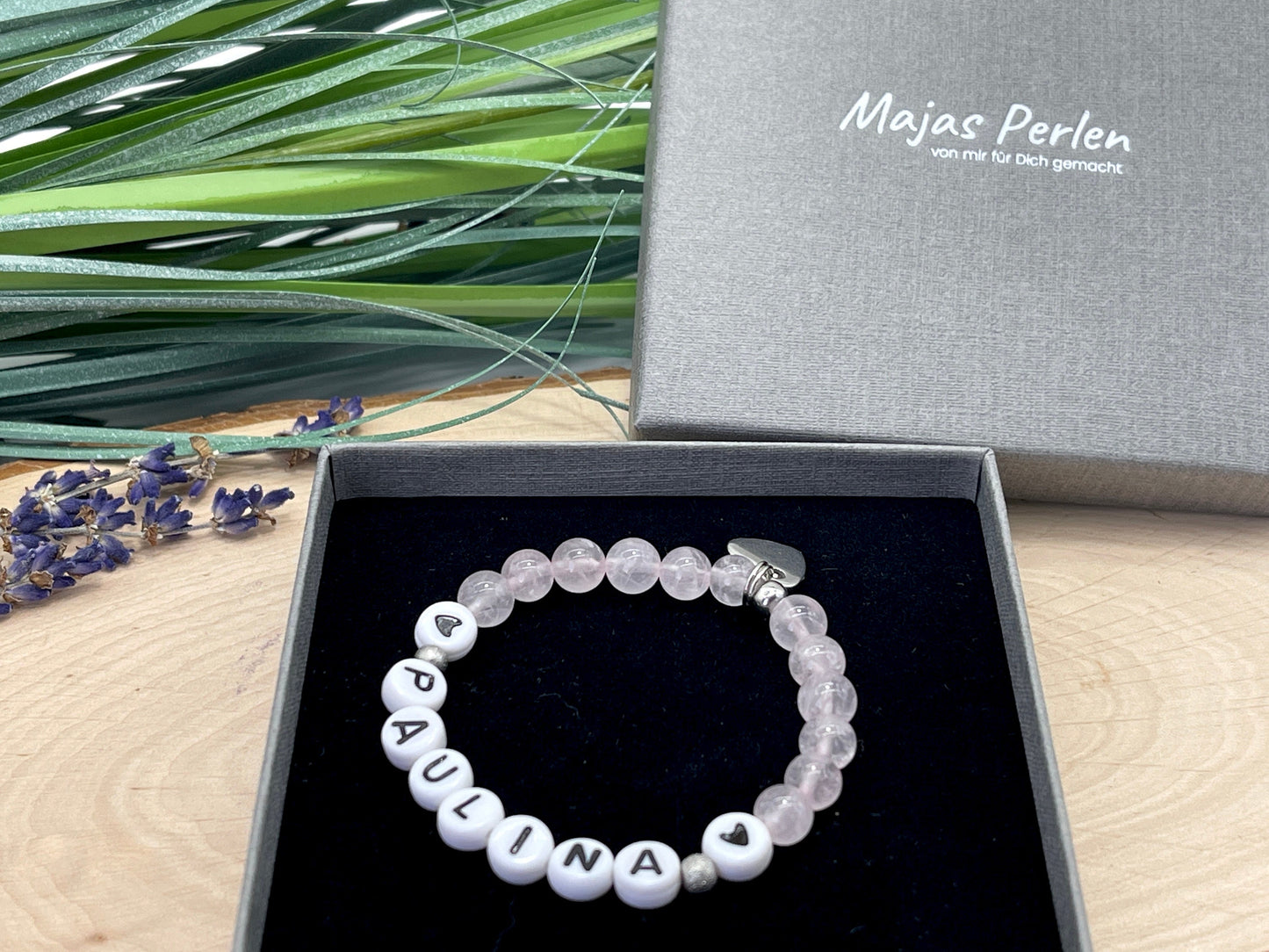 Perlenarmband Rosenquarz mit Name - Geschenk Mama Geburt Liebe Andenken Lieblingsmensch Mädchenarmband - Wunschedelstein personalisierbar