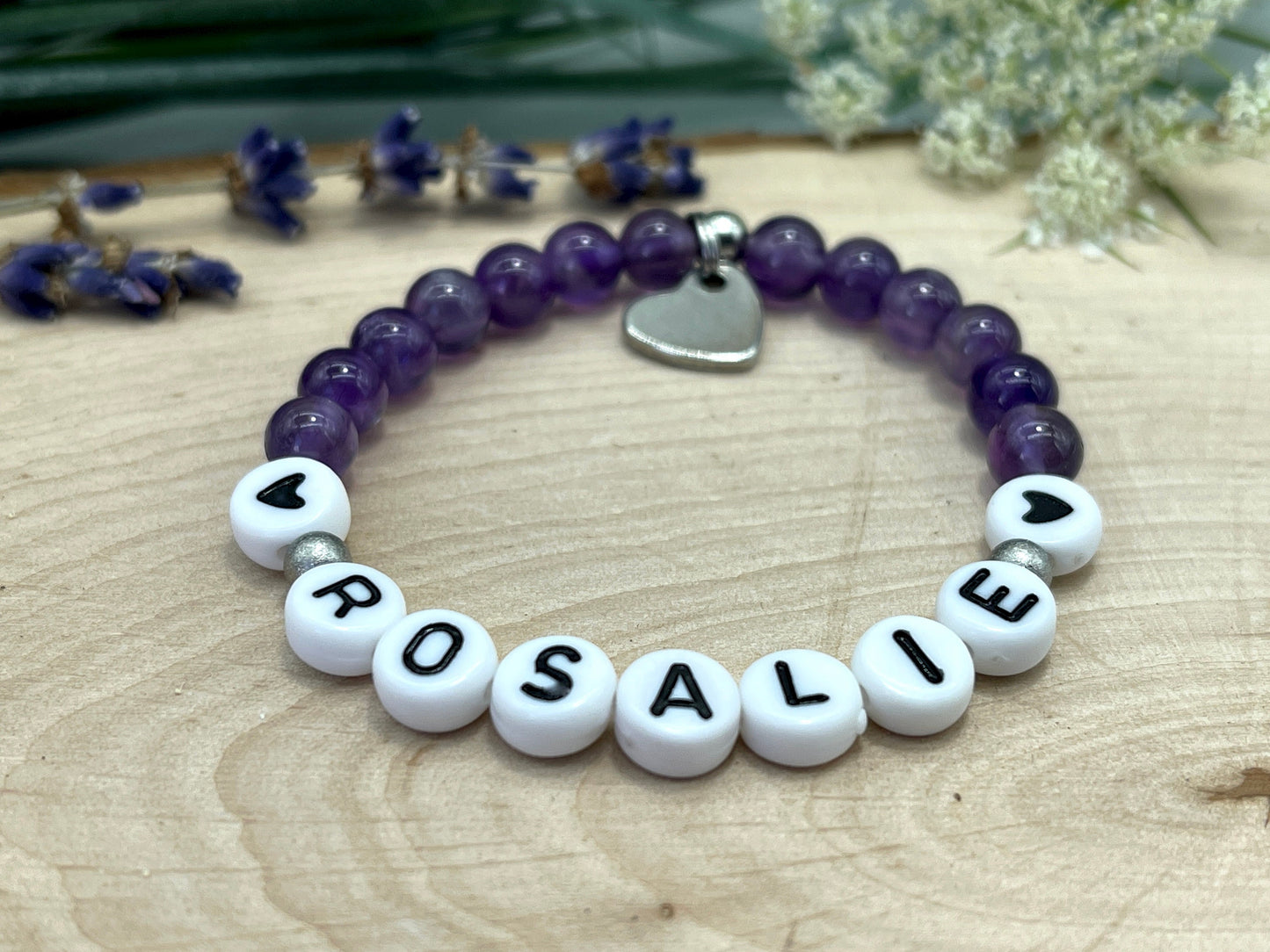 Perlenarmband Amethyst mit Name - Geschenk Mama Geburt Liebe Andenken Lieblingsmensch Kinderarmband - Wunschedelstein personalisierbar