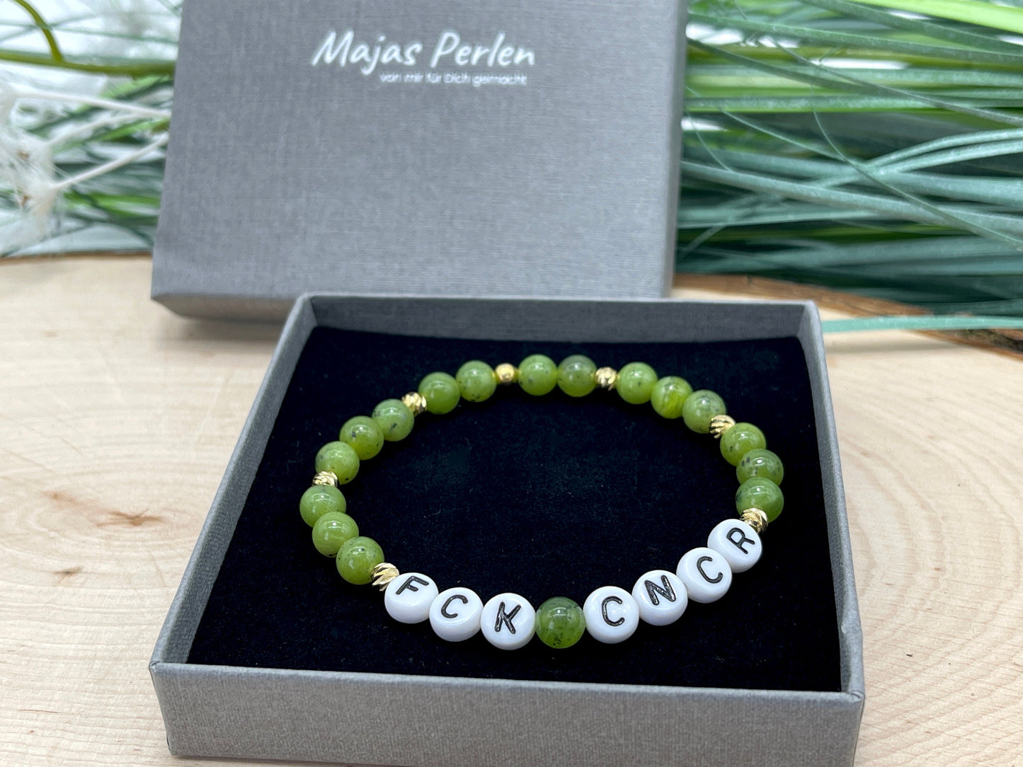 Armband Fuck Cancer Jade Perlen Gelbgold plated - Geschenk Diagnose Krebs Glücksbringer Perlenarmband Mutmach - viele Edelsteine
