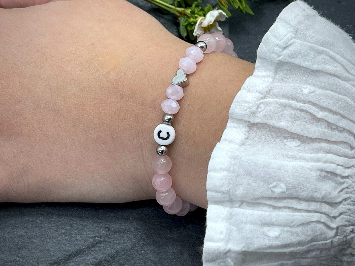 Armband Initialen Amethyst echte Naturperlen Herz platiniert - Namensarmband Geschenk Liebe Mama Lieblingsmensch Geburt - personalisierbar