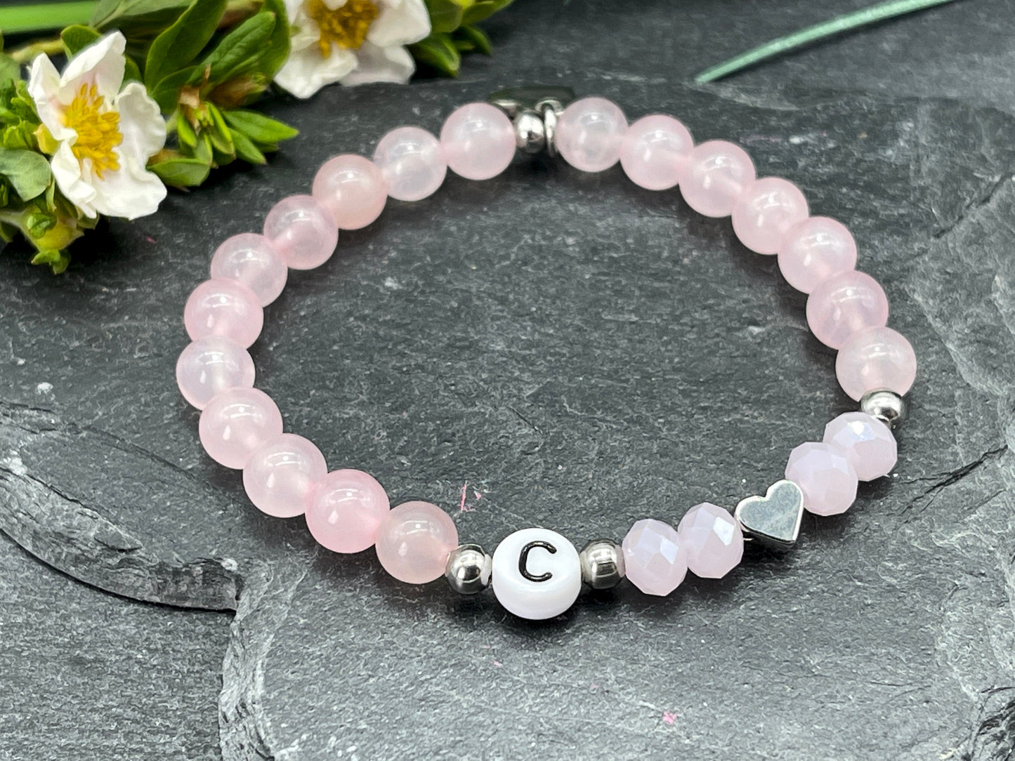 Armband Initialen Rosenquarz echte Naturperlen - Herz echt Platiniert - Namensarmband Geschenk Liebe Mama Lieblingsmensch - personalisierbar