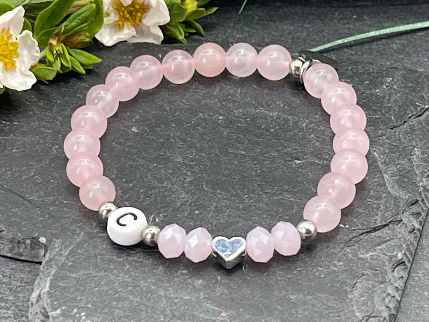 Armband Initialen Rosenquarz echte Naturperlen - Herz echt Platiniert - Namensarmband Geschenk Liebe Mama Lieblingsmensch - personalisierbar