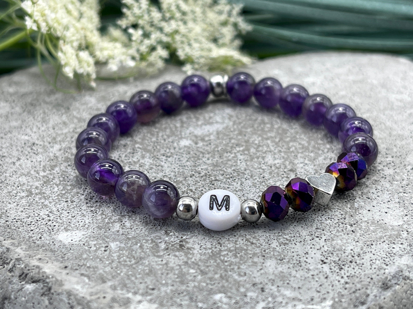 Armband Initialen Amethyst echte Naturperlen Herz platiniert - Namensarmband Geschenk Liebe Mama Lieblingsmensch Geburt - personalisierbar