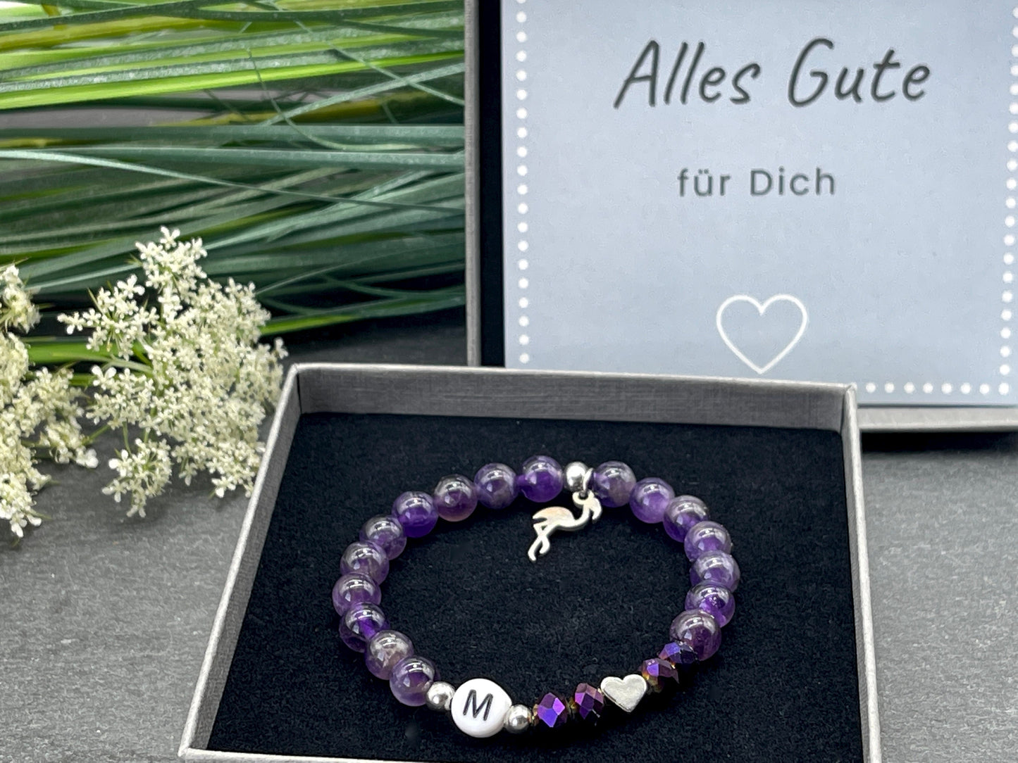 Armband Initialen Amethyst echte Naturperlen Herz platiniert - Namensarmband Geschenk Liebe Mama Lieblingsmensch Geburt - personalisierbar
