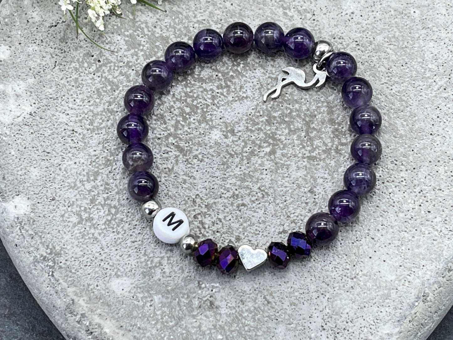 Armband Initialen Amethyst echte Naturperlen Herz platiniert - Namensarmband Geschenk Liebe Mama Lieblingsmensch Geburt - personalisierbar