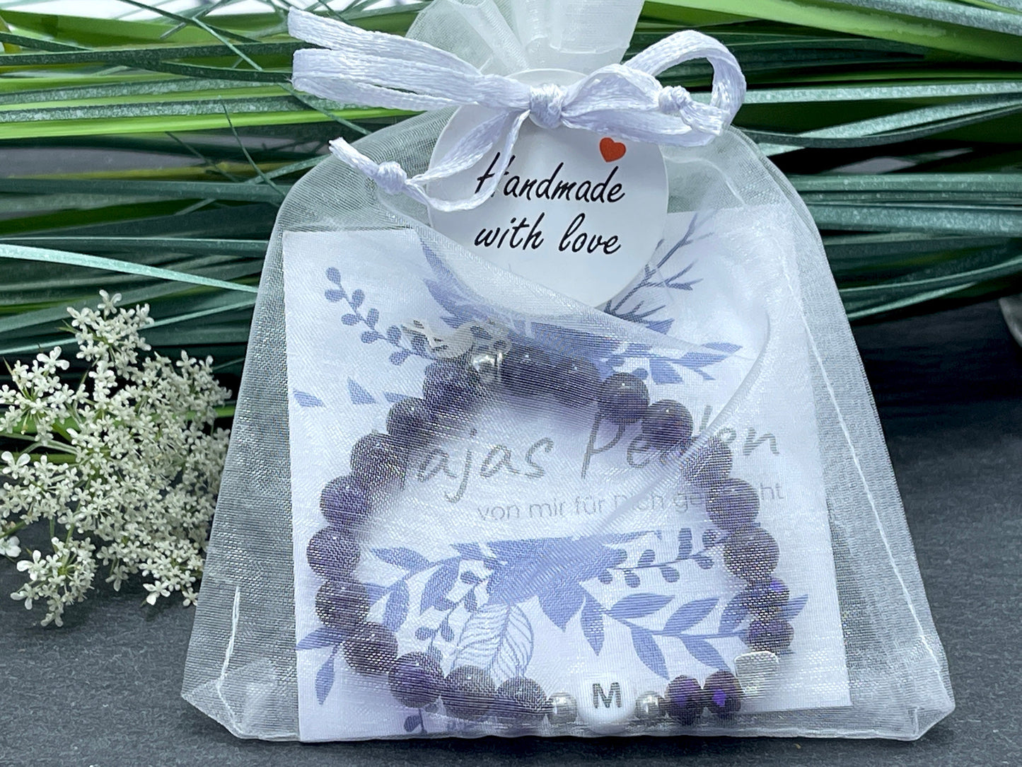 Armband Initialen Amethyst echte Naturperlen Herz platiniert - Namensarmband Geschenk Liebe Mama Lieblingsmensch Geburt - personalisierbar