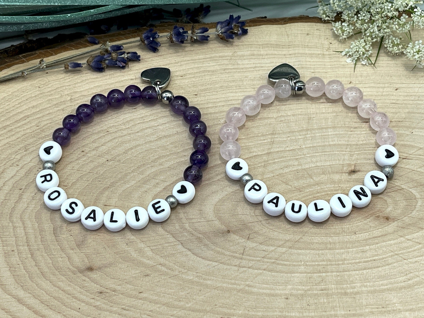 Perlenarmband Rosenquarz mit Name - Geschenk Mama Geburt Liebe Andenken Lieblingsmensch Mädchenarmband - Wunschedelstein personalisierbar