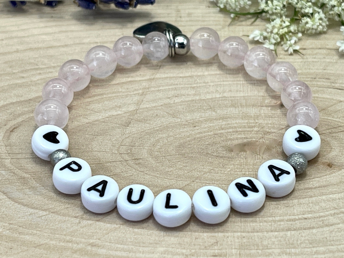 Perlenarmband Rosenquarz mit Name - Geschenk Mama Geburt Liebe Andenken Lieblingsmensch Mädchenarmband - Wunschedelstein personalisierbar