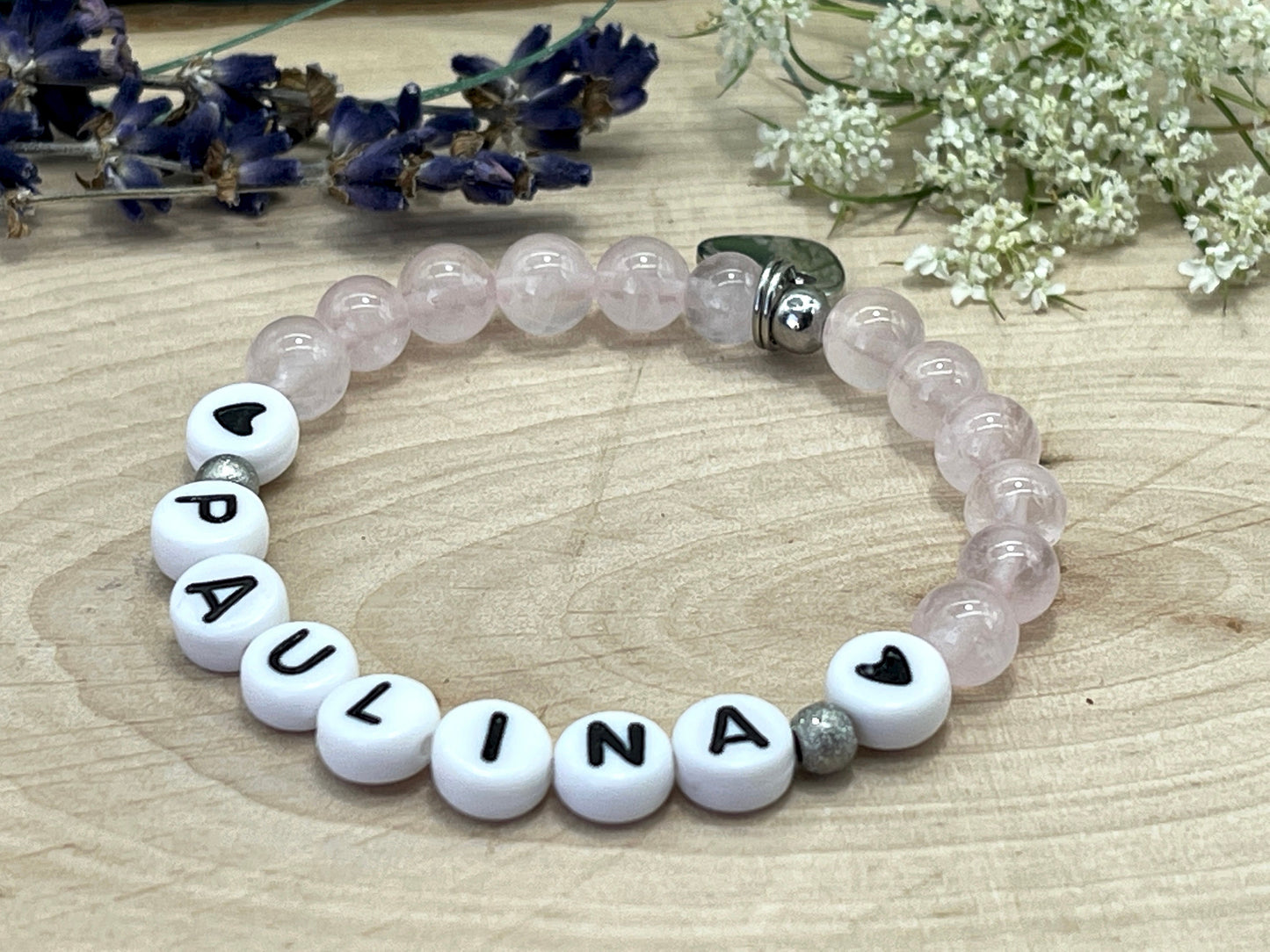 Perlenarmband Rosenquarz mit Name - Geschenk Mama Geburt Liebe Andenken Lieblingsmensch Mädchenarmband - Wunschedelstein personalisierbar
