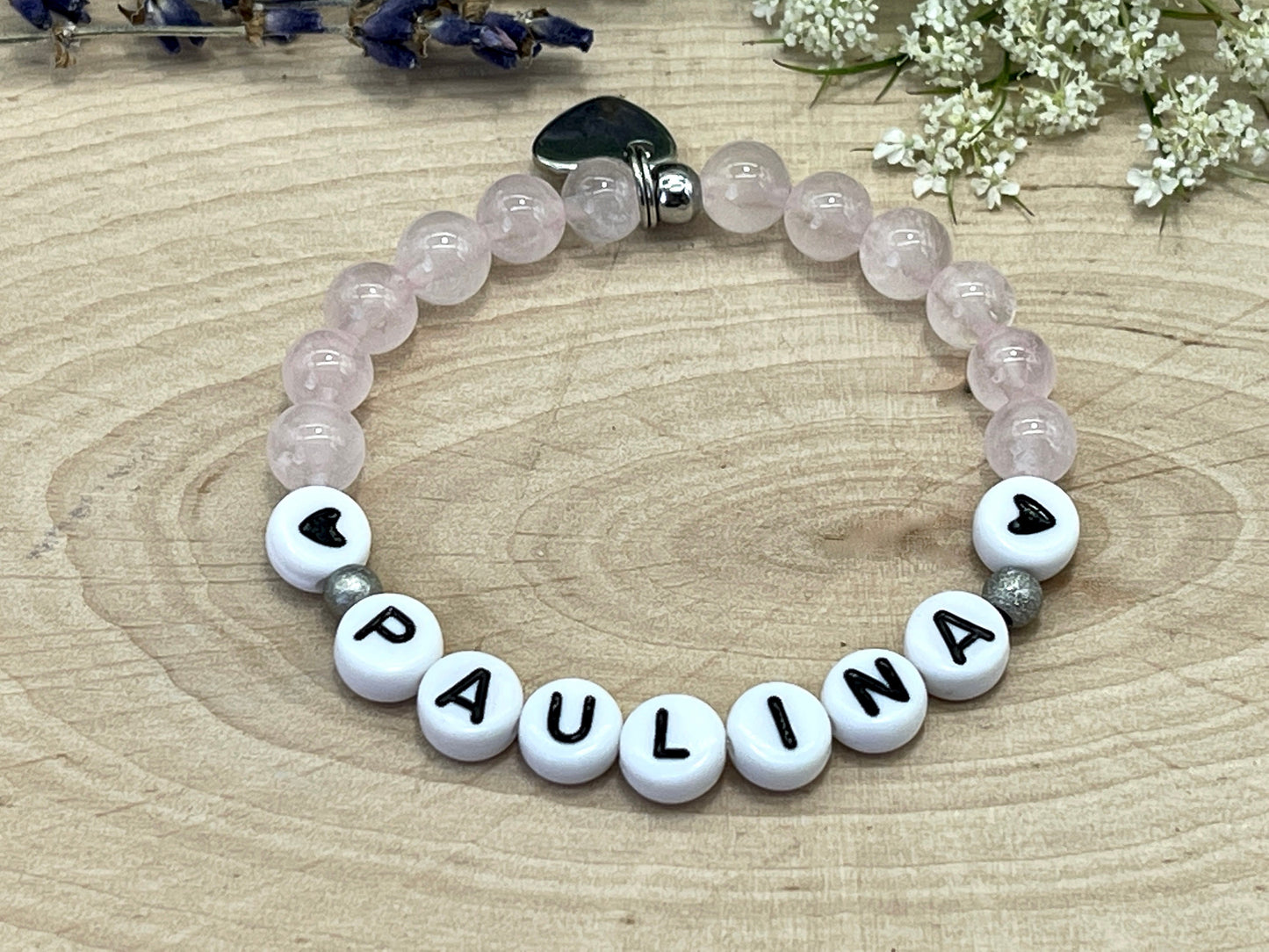Perlenarmband Rosenquarz mit Name - Geschenk Mama Geburt Liebe Andenken Lieblingsmensch Mädchenarmband - Wunschedelstein personalisierbar