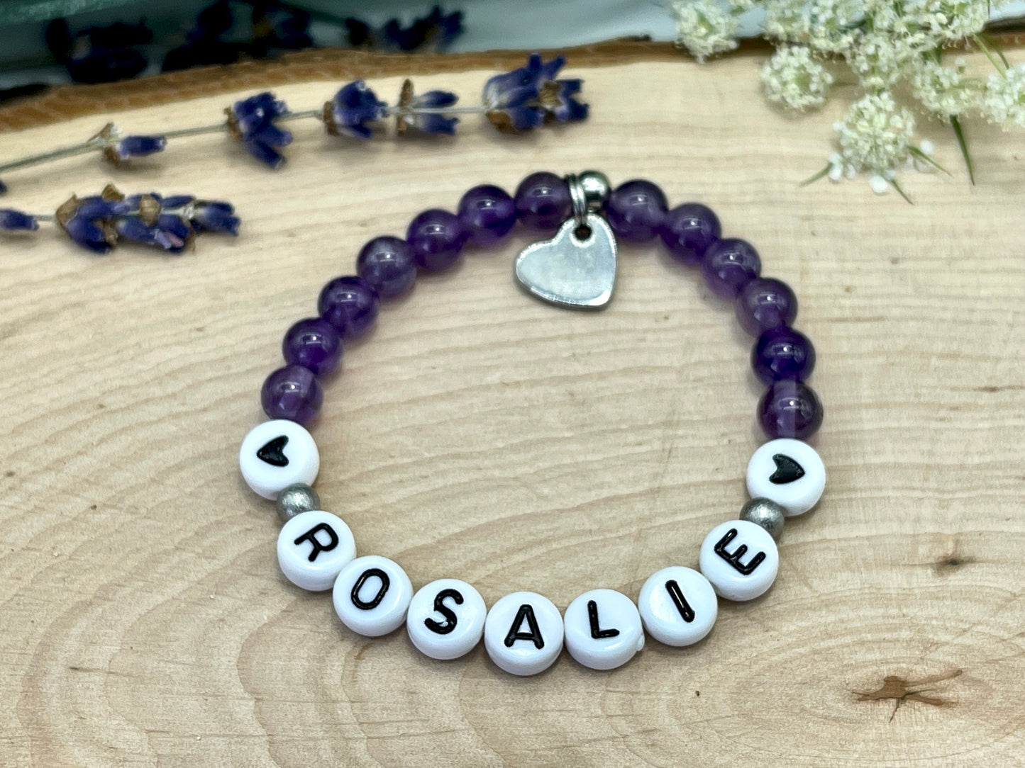 Perlenarmband Amethyst mit Name - Geschenk Mama Geburt Liebe Andenken Lieblingsmensch Kinderarmband - Wunschedelstein personalisierbar