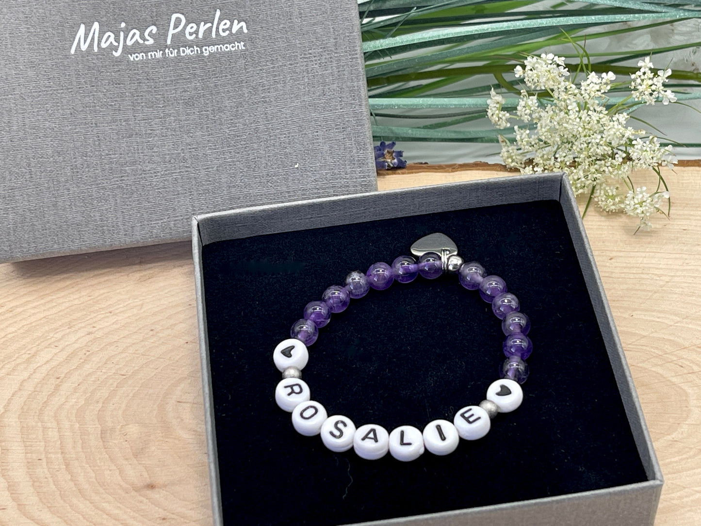 Perlenarmband Amethyst mit Name - Geschenk Mama Geburt Liebe Andenken Lieblingsmensch Kinderarmband - Wunschedelstein personalisierbar