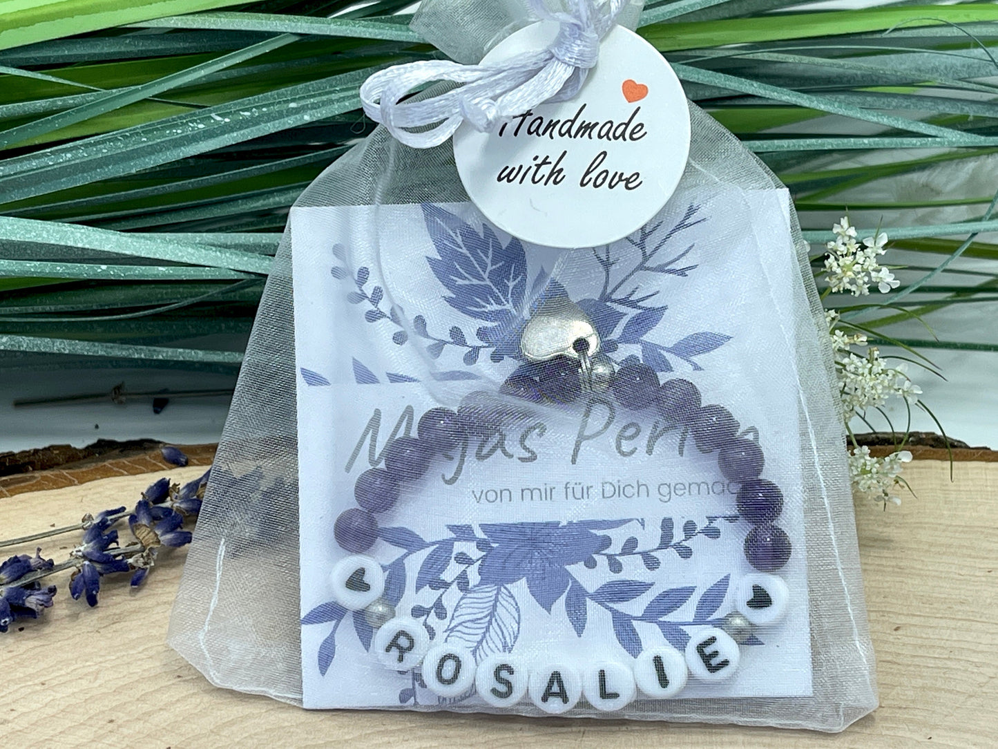 Perlenarmband Amethyst mit Name - Geschenk Mama Geburt Liebe Andenken Lieblingsmensch Kinderarmband - Wunschedelstein personalisierbar